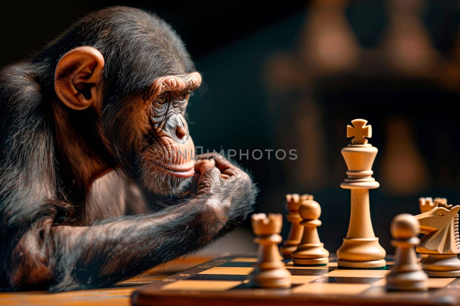 A monkey thinking his move on chess board. An ape playing chess,  evolution and intellect .  AI generated