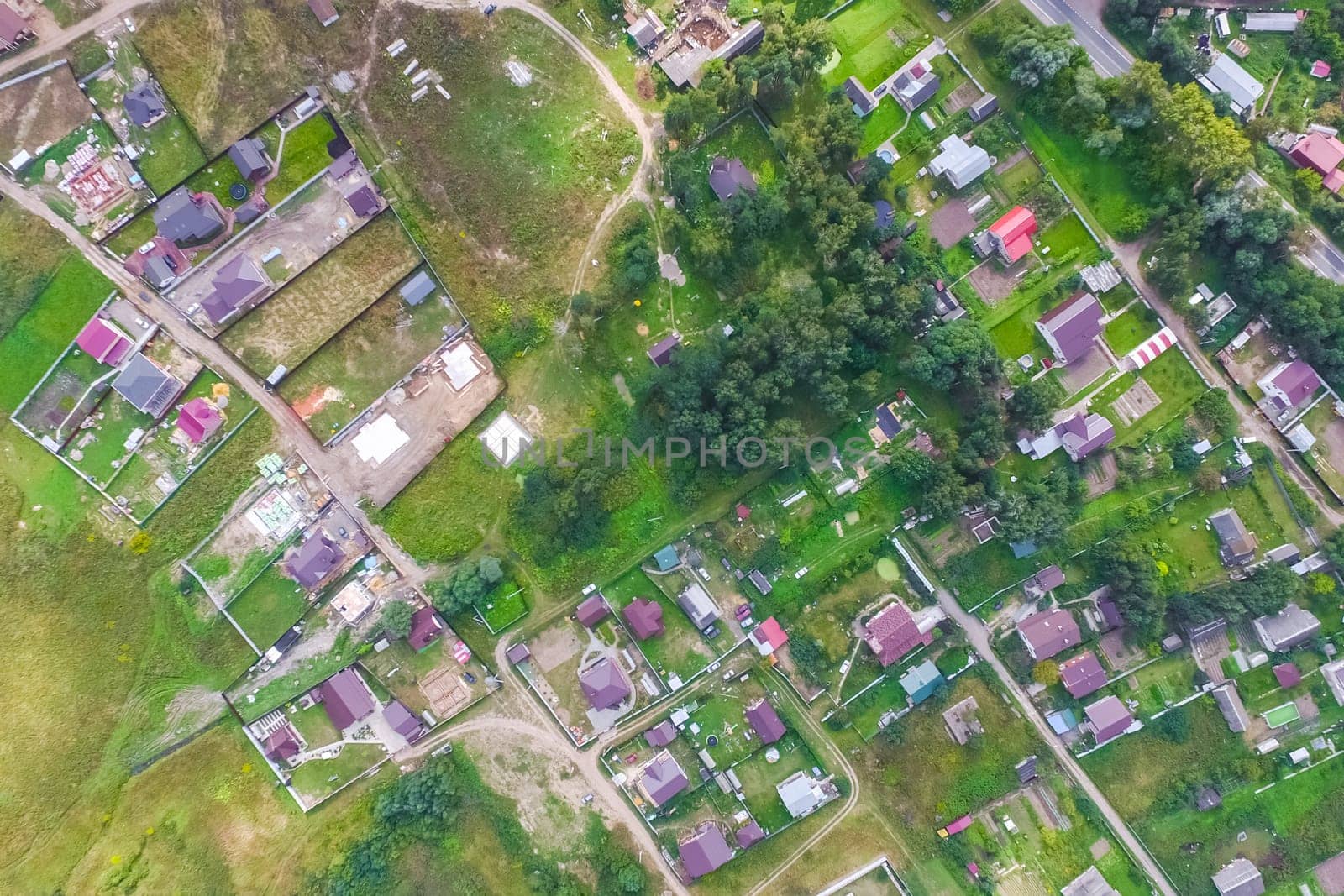 Top view of the village, fields and forests near the village
