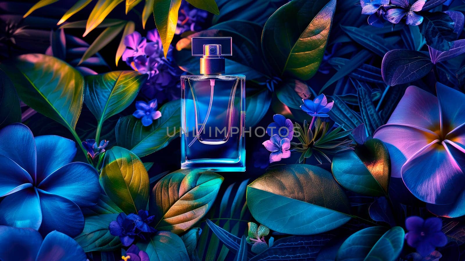Bottle of perfume with tropical flowers and plants. Idea of sweet pure smell of flowers.  AI generated