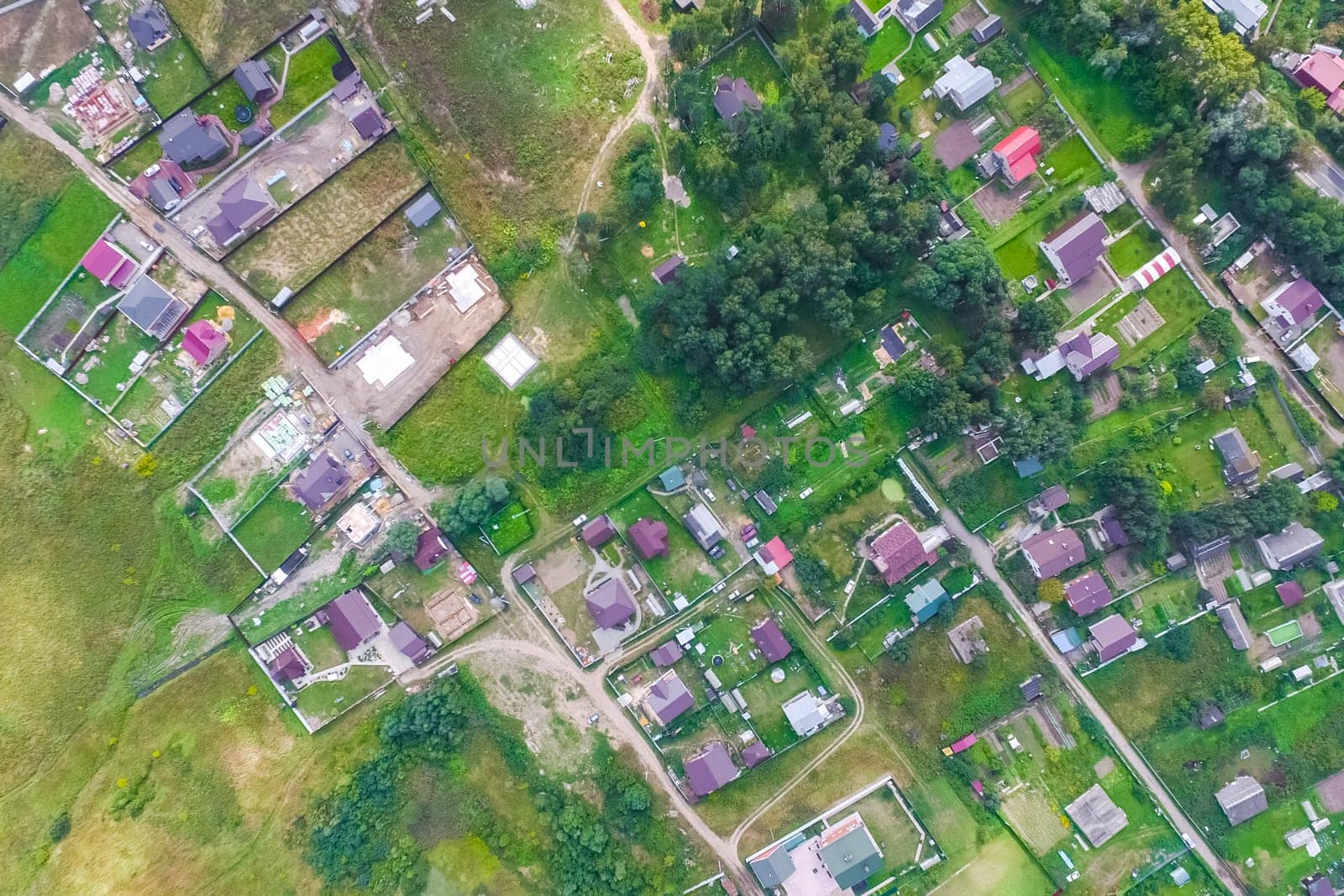 Top view of the village, fields and forests near the village