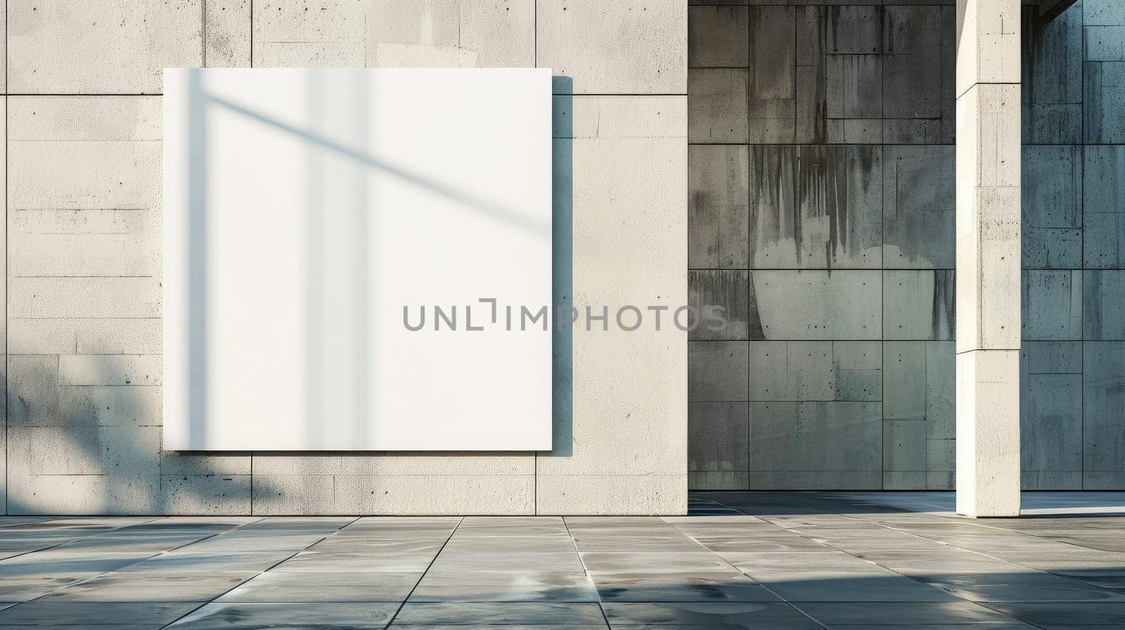 Brutalist architecture with white poster mockup on a grey building wall. AI generated