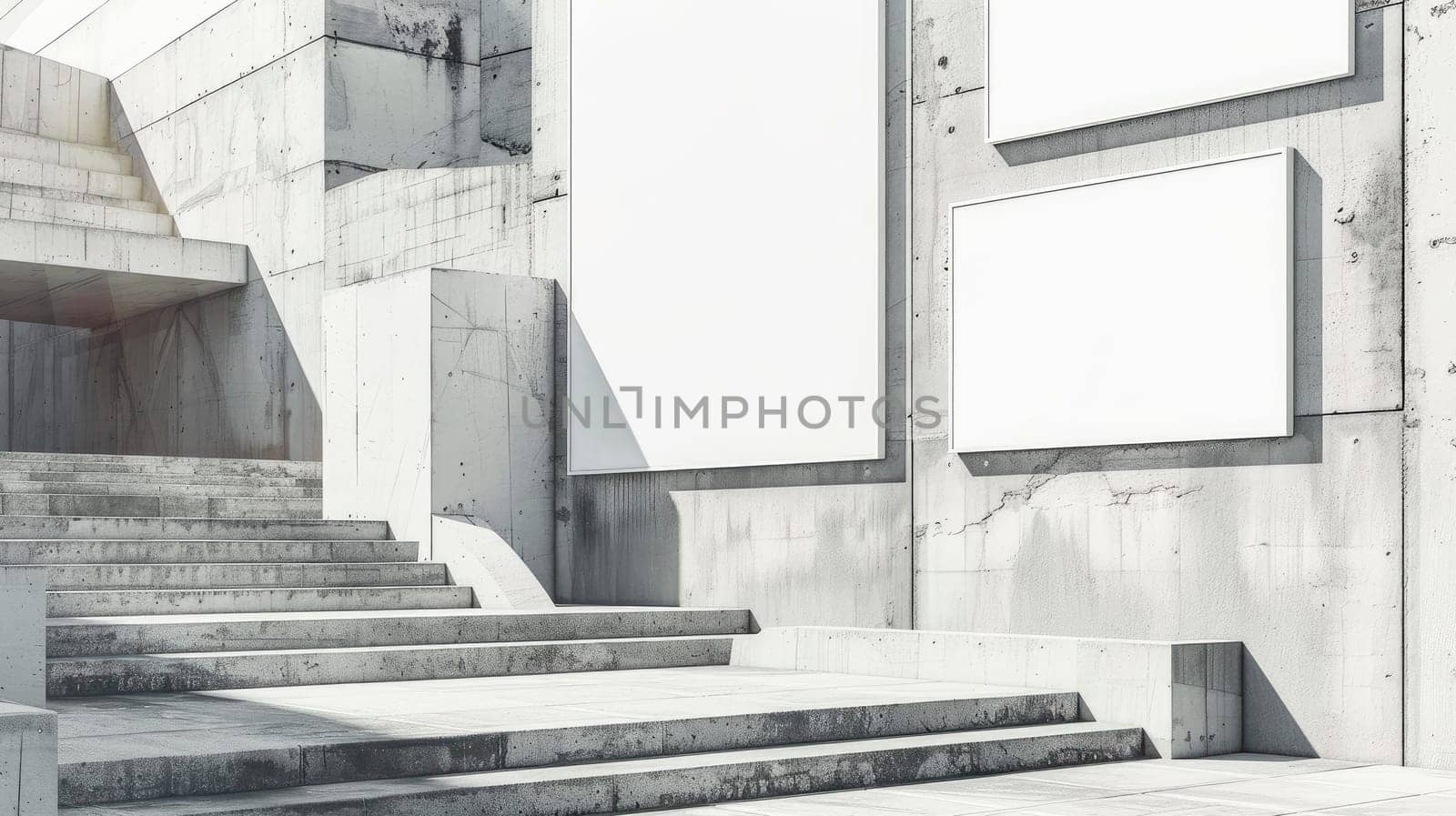 Brutalist architecture with blank poster mockups on a grey building wall. AI generated