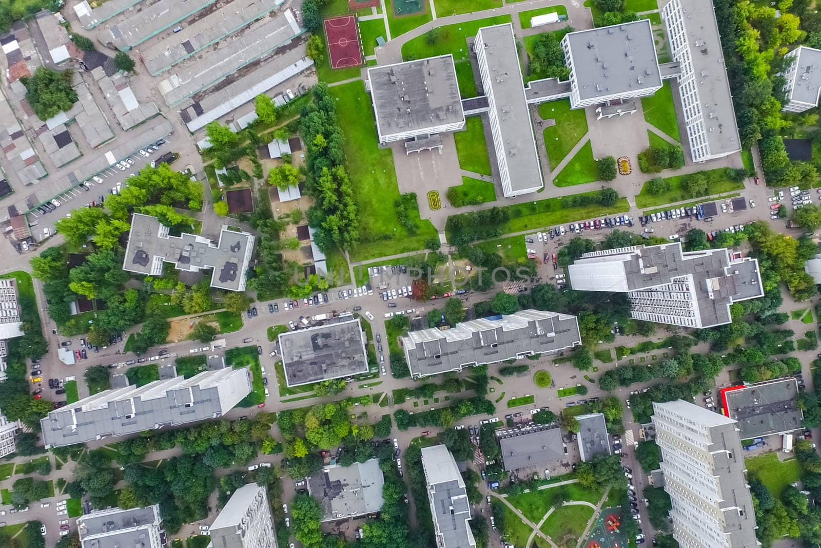 Top view of the city of Moscow, buildings and roads and other infrastructure of the city. Cityscape view from above.