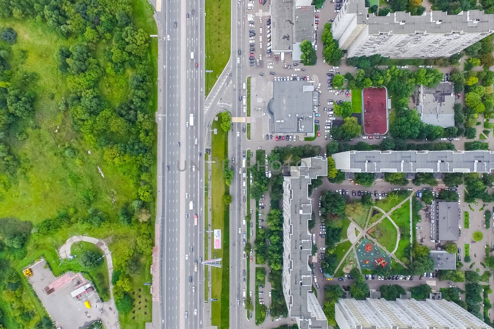 Top view of the city of Moscow, buildings and roads and other infrastructure of the city. Cityscape view from above.