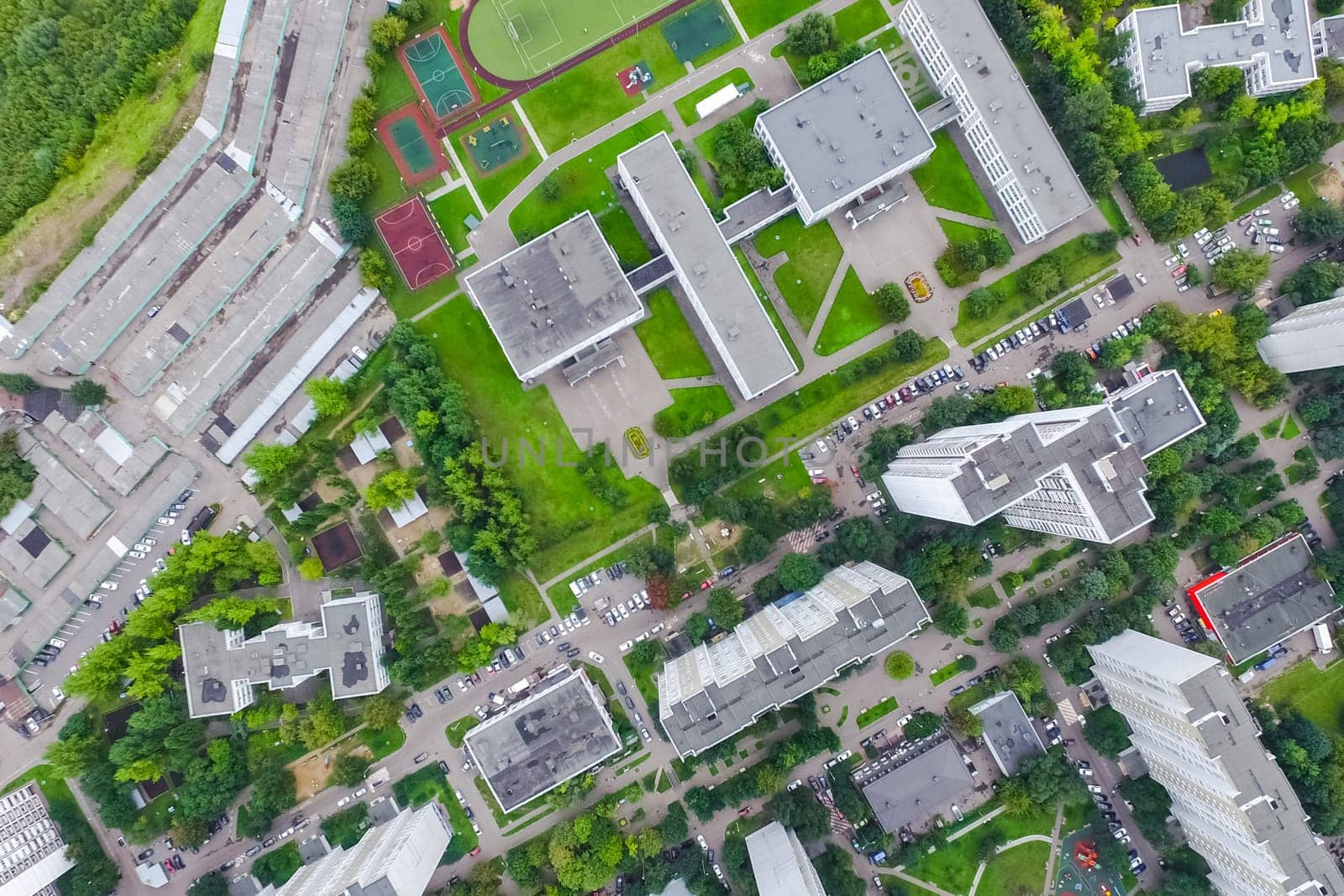 Top view of the city of Moscow, buildings and roads and other infrastructure of the city. Cityscape view from above.