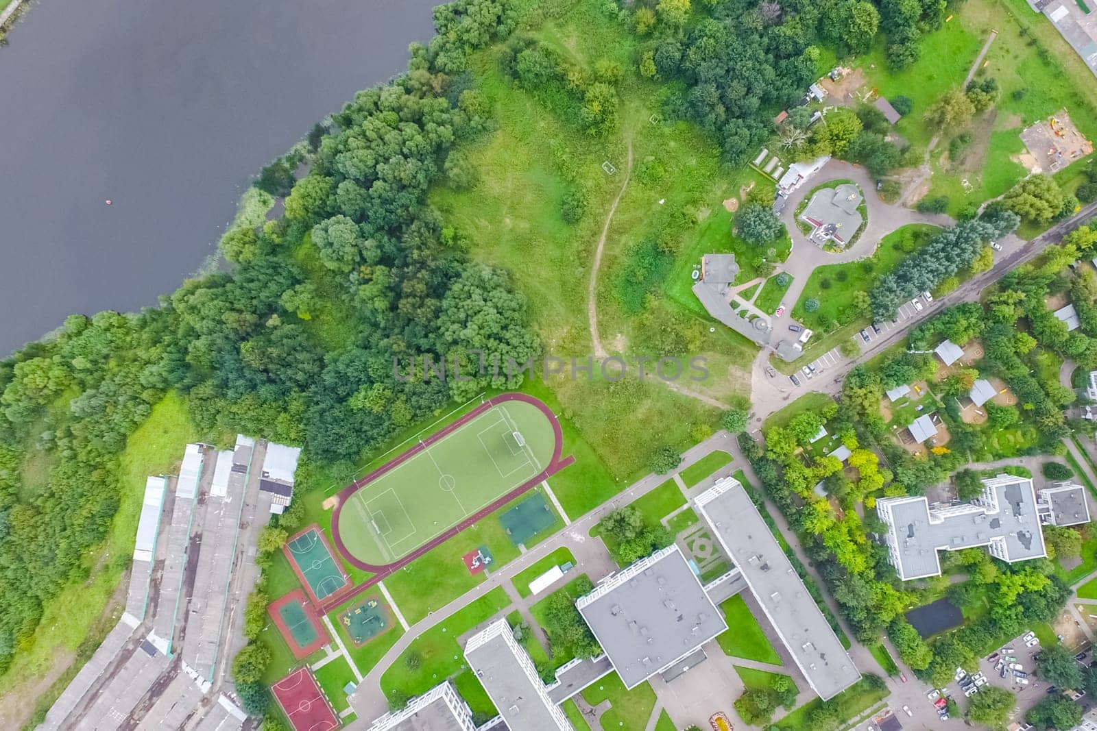 Top view of the city of Moscow, buildings and roads and other infrastructure of the city. Cityscape view from above.