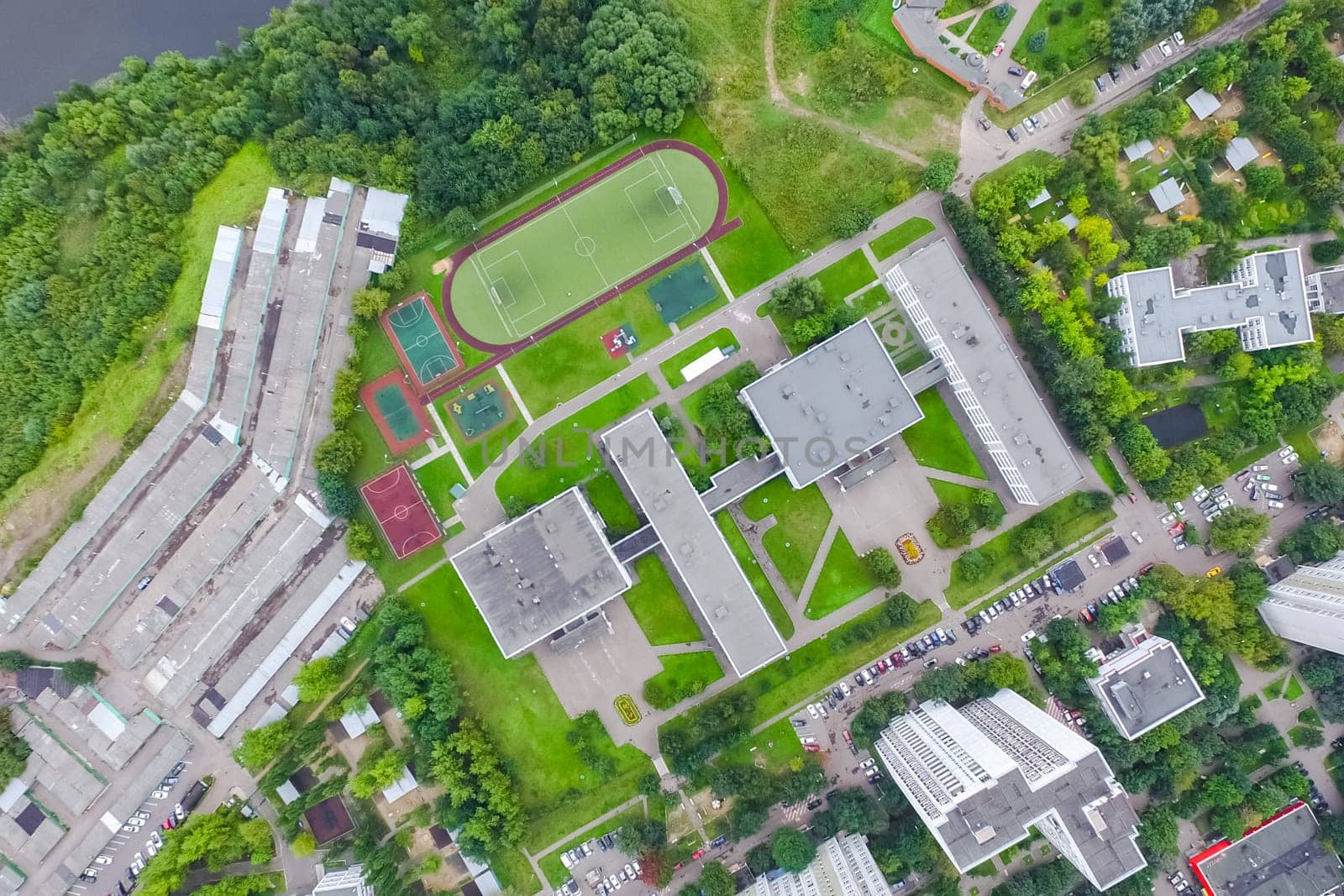 Top view of the city of Moscow, buildings and roads and other infrastructure of the city. Cityscape view from above.