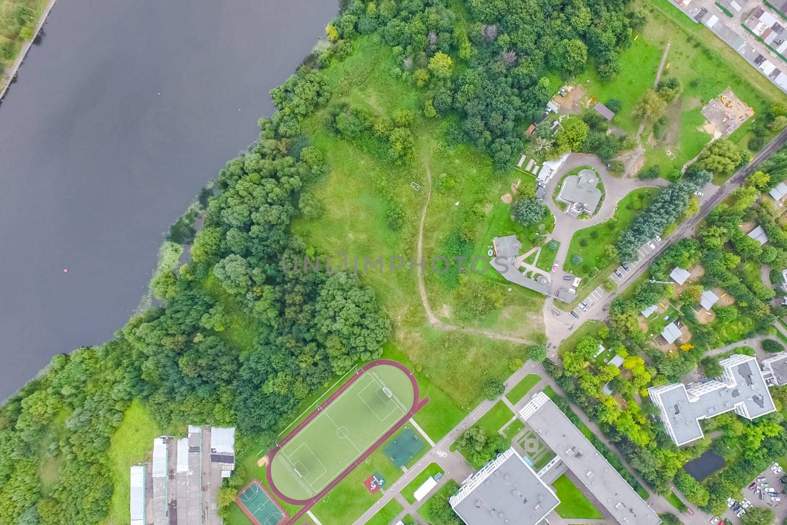 Top view of the city of Moscow, buildings and roads and other infrastructure of the city. Cityscape view from above.
