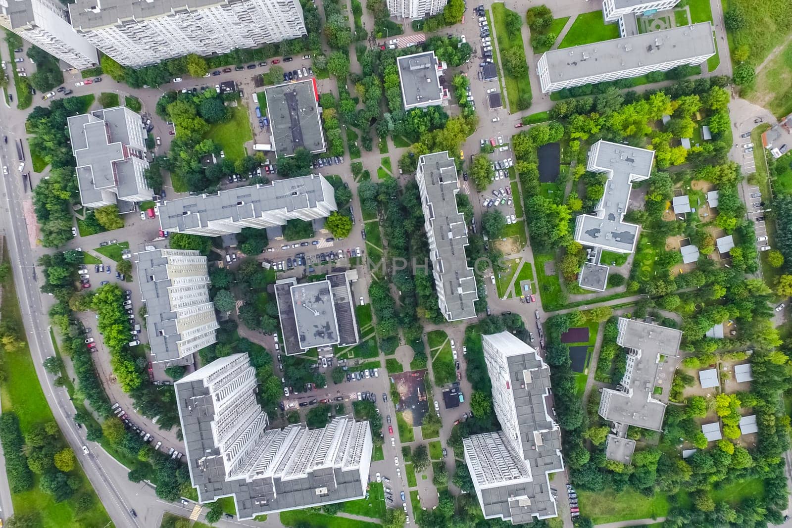 Top view of the city of Moscow, buildings and roads and other infrastructure of the city. Cityscape view from above.