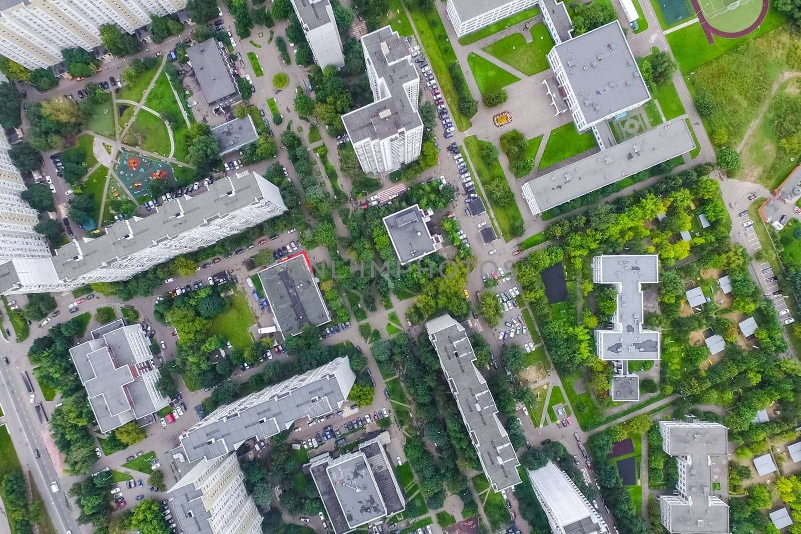 Top view of the city of Moscow, buildings and roads and other infrastructure of the city. Cityscape view from above.