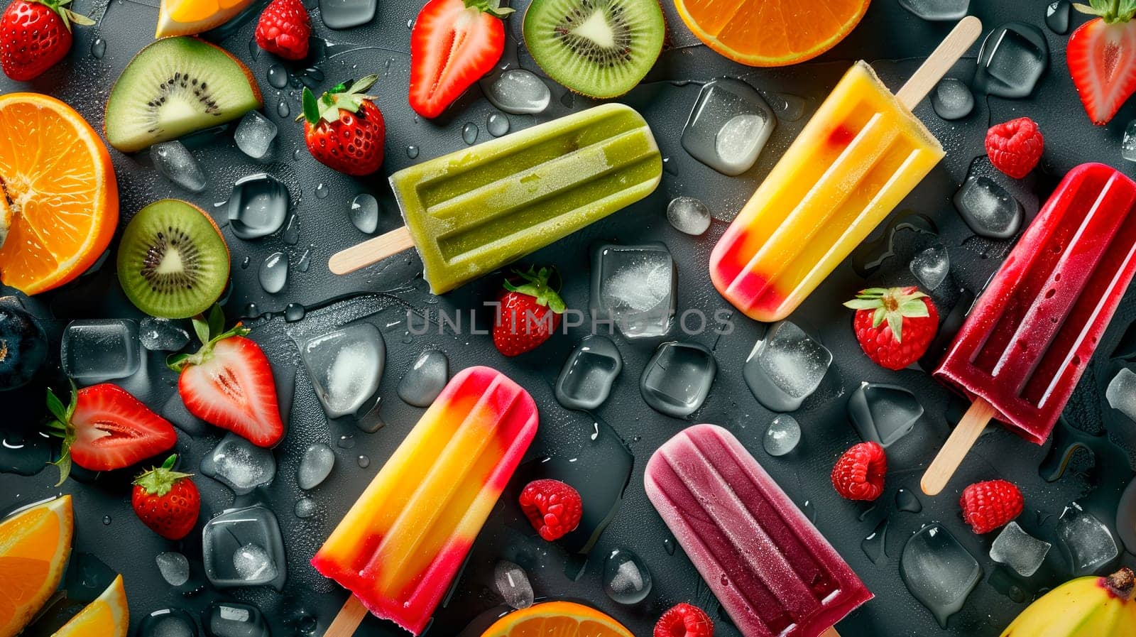 Ice cream popsicles on a stone background with ice cubes, fruits and berries. AI generated