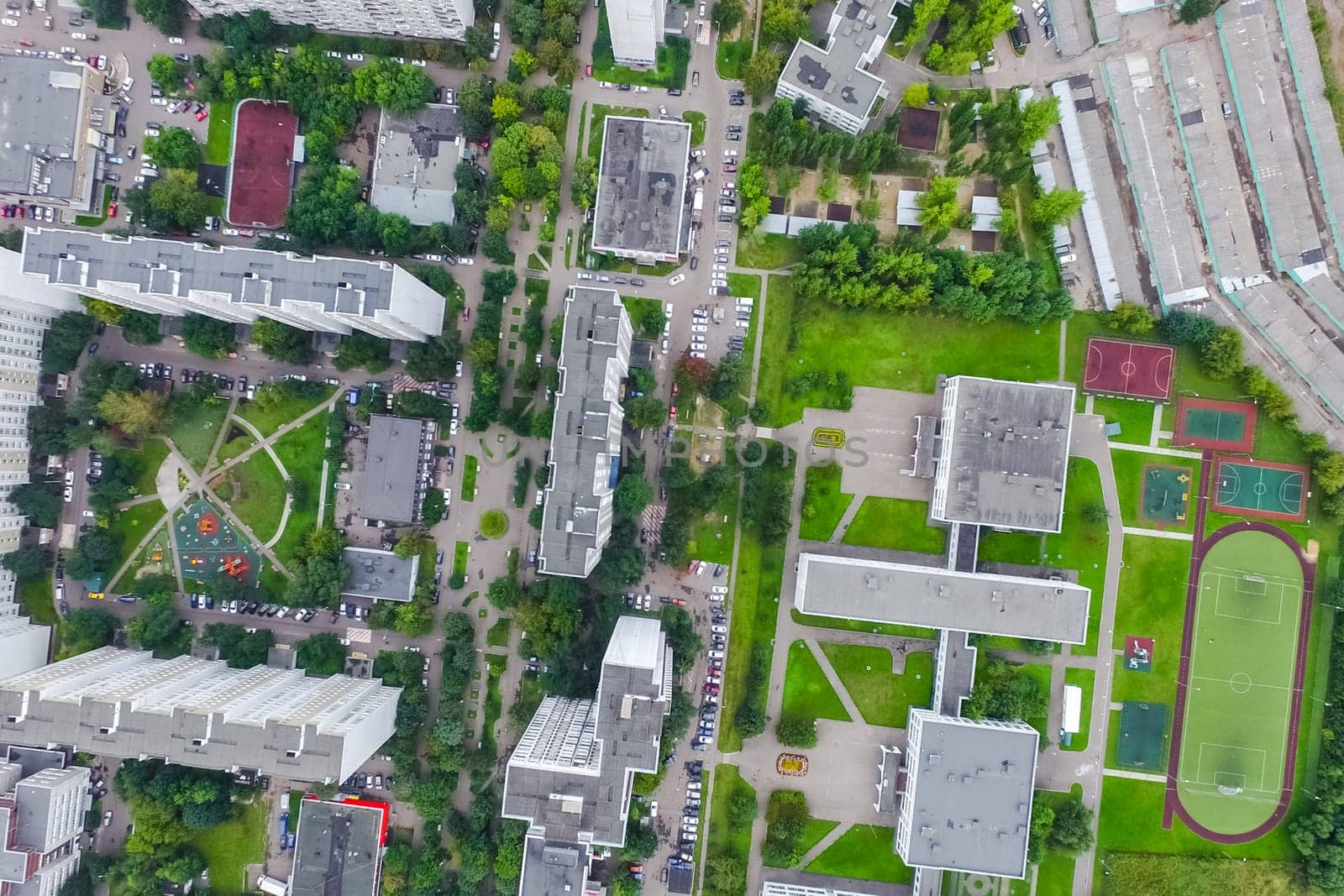 Top view of the city of Moscow, buildings and roads and other infrastructure of the city. Cityscape view from above.