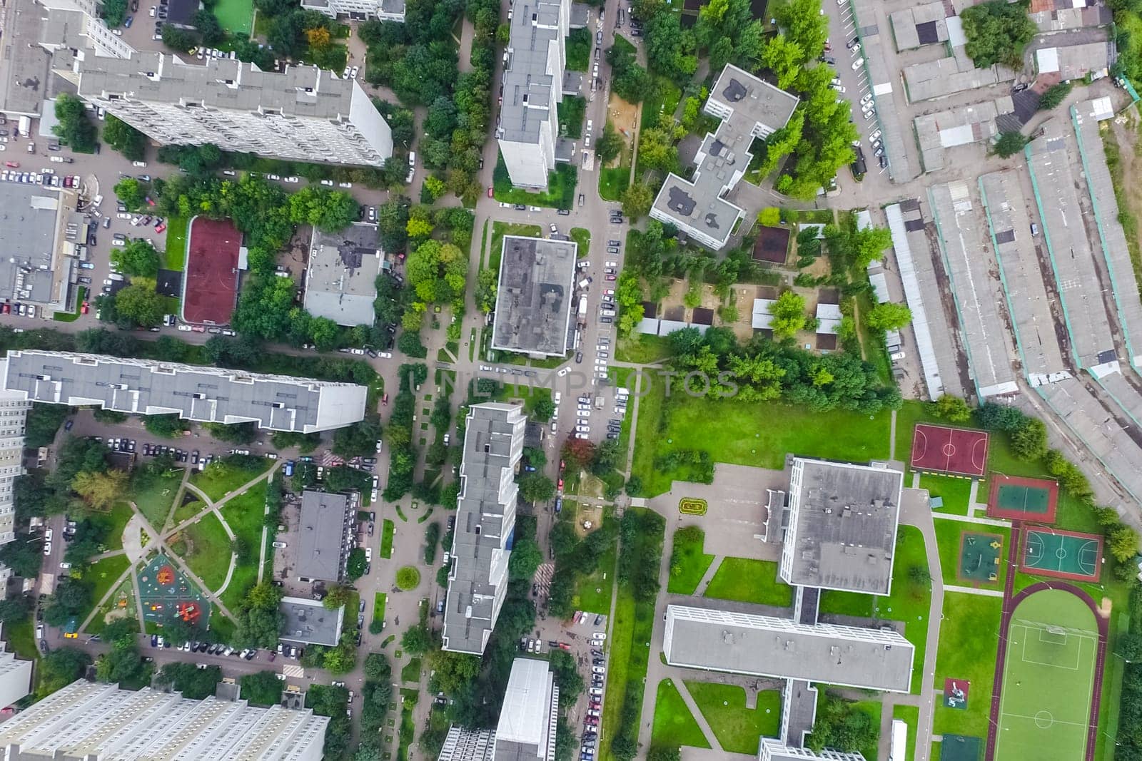 Top view of the city of Moscow, buildings and roads and other infrastructure of the city. Cityscape view from above.