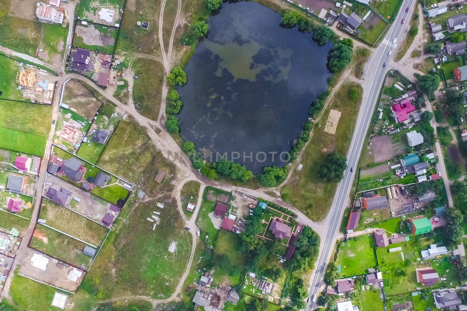 Top view of the village, fields and forests near the village