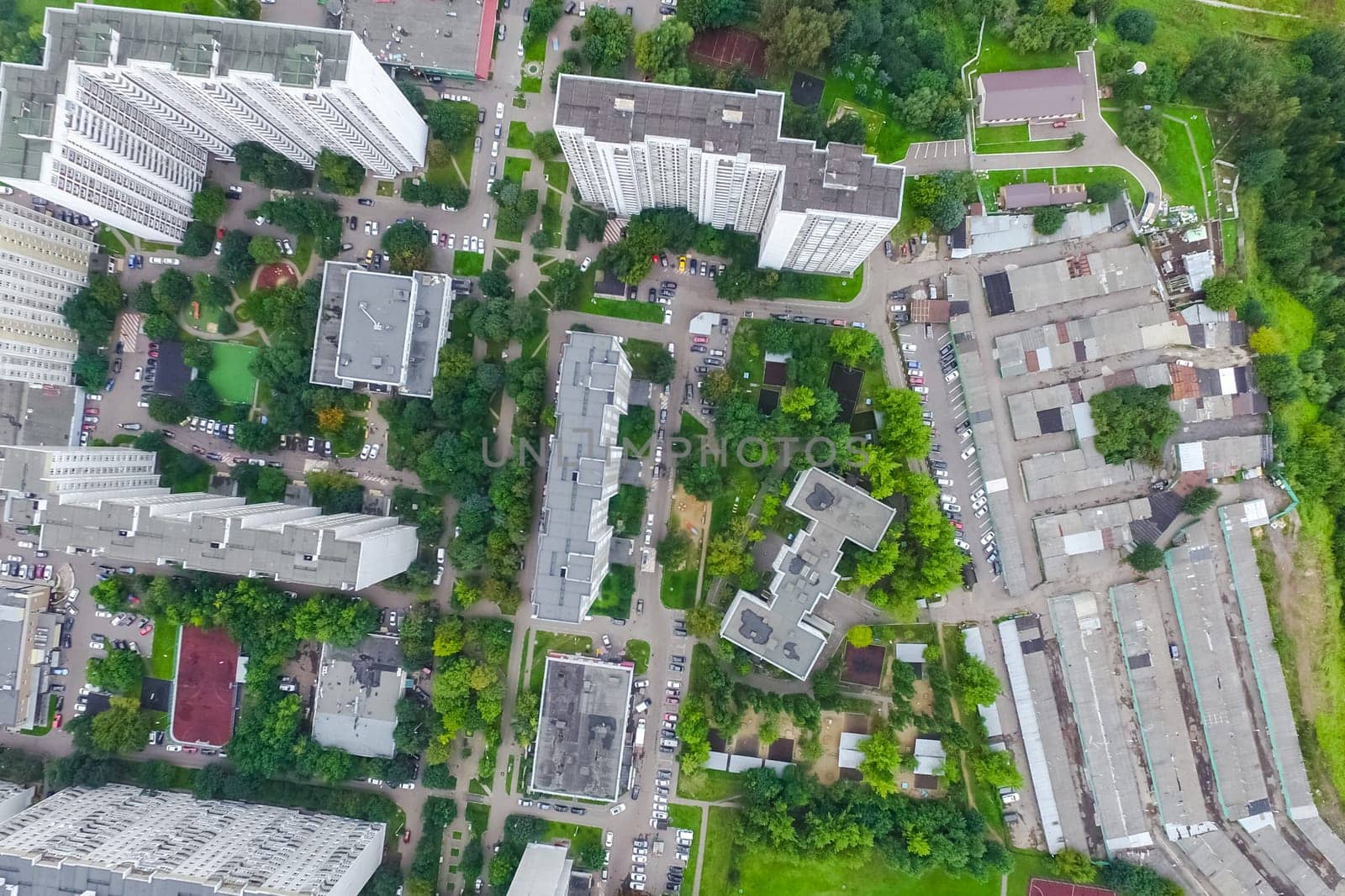 Top view of the city of Moscow, buildings and roads and other infrastructure of the city. Cityscape view from above.