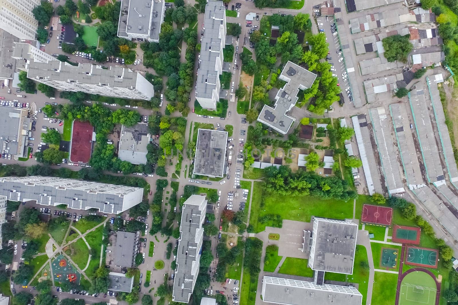 Top view of the city of Moscow, buildings and roads and other infrastructure of the city. Cityscape view from above.