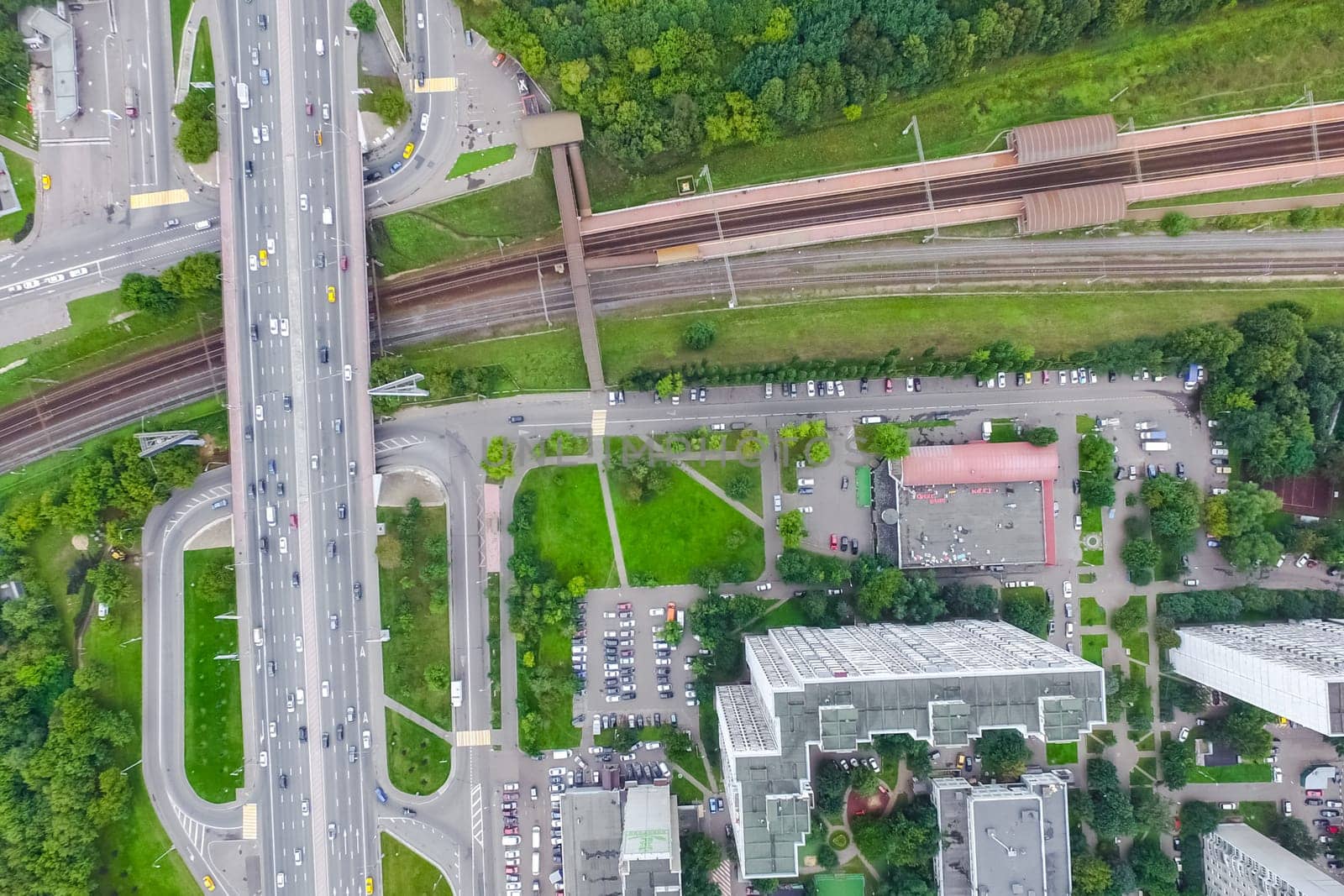 Top view of the city of Moscow, buildings and roads and other infrastructure of the city. Cityscape view from above.