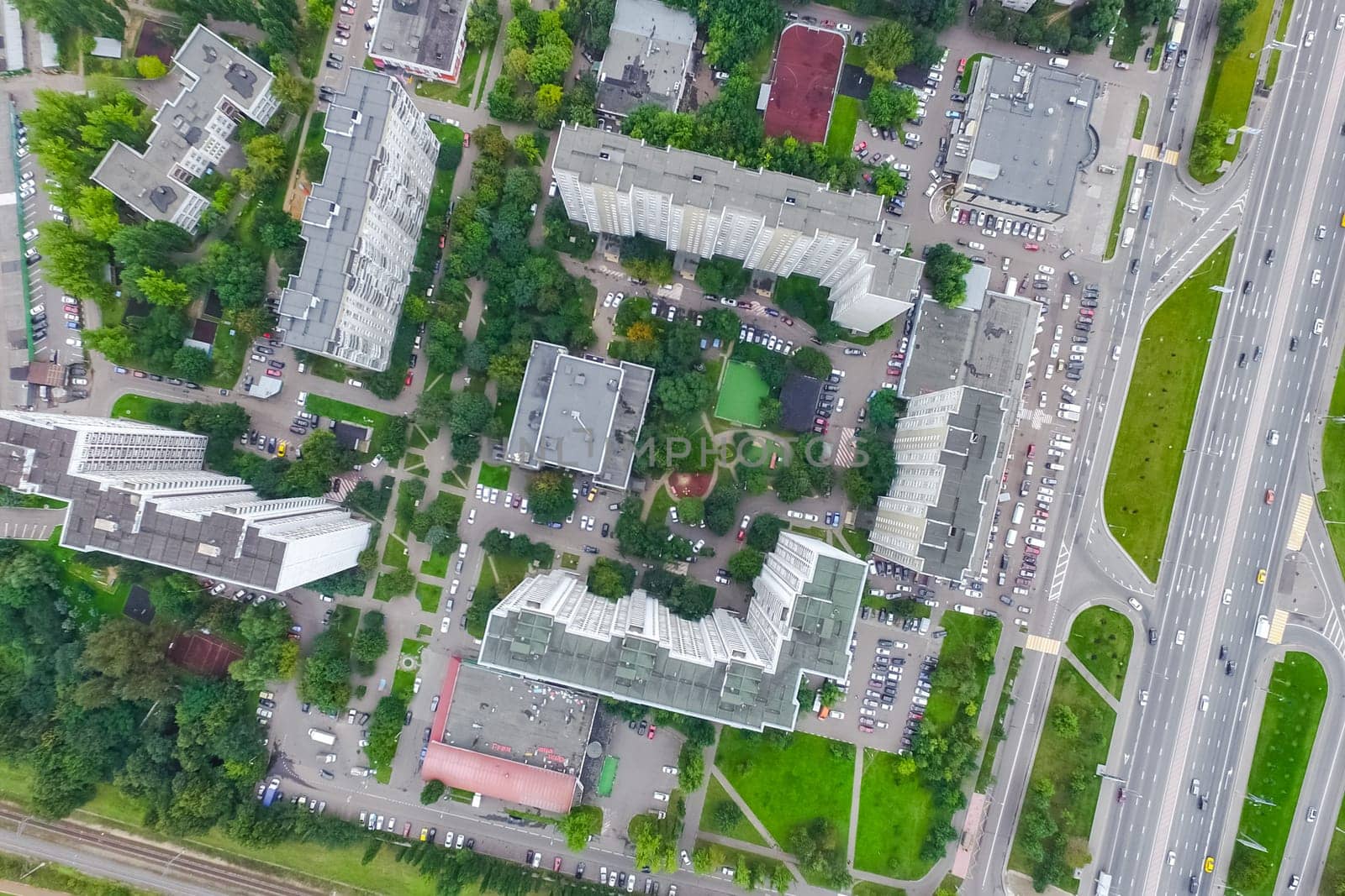 Top view of the city of Moscow, buildings and roads and other infrastructure of the city. Cityscape view from above.