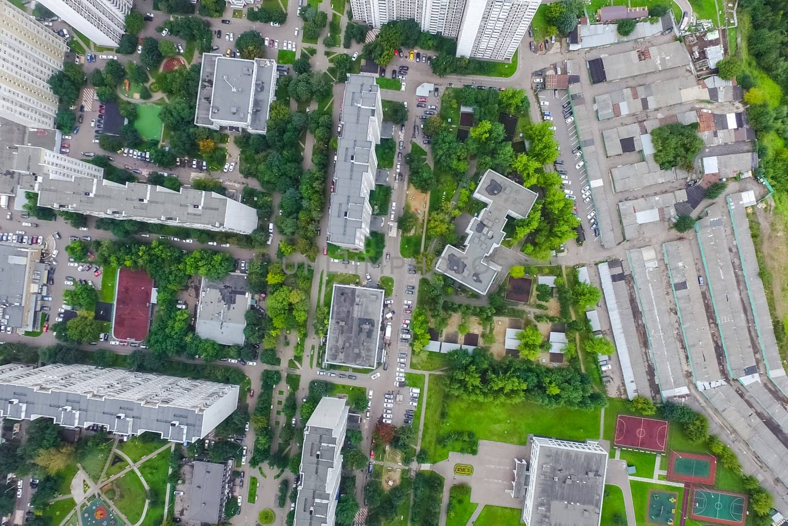 Top view of the city of Moscow, buildings and roads and other infrastructure of the city. Cityscape view from above.