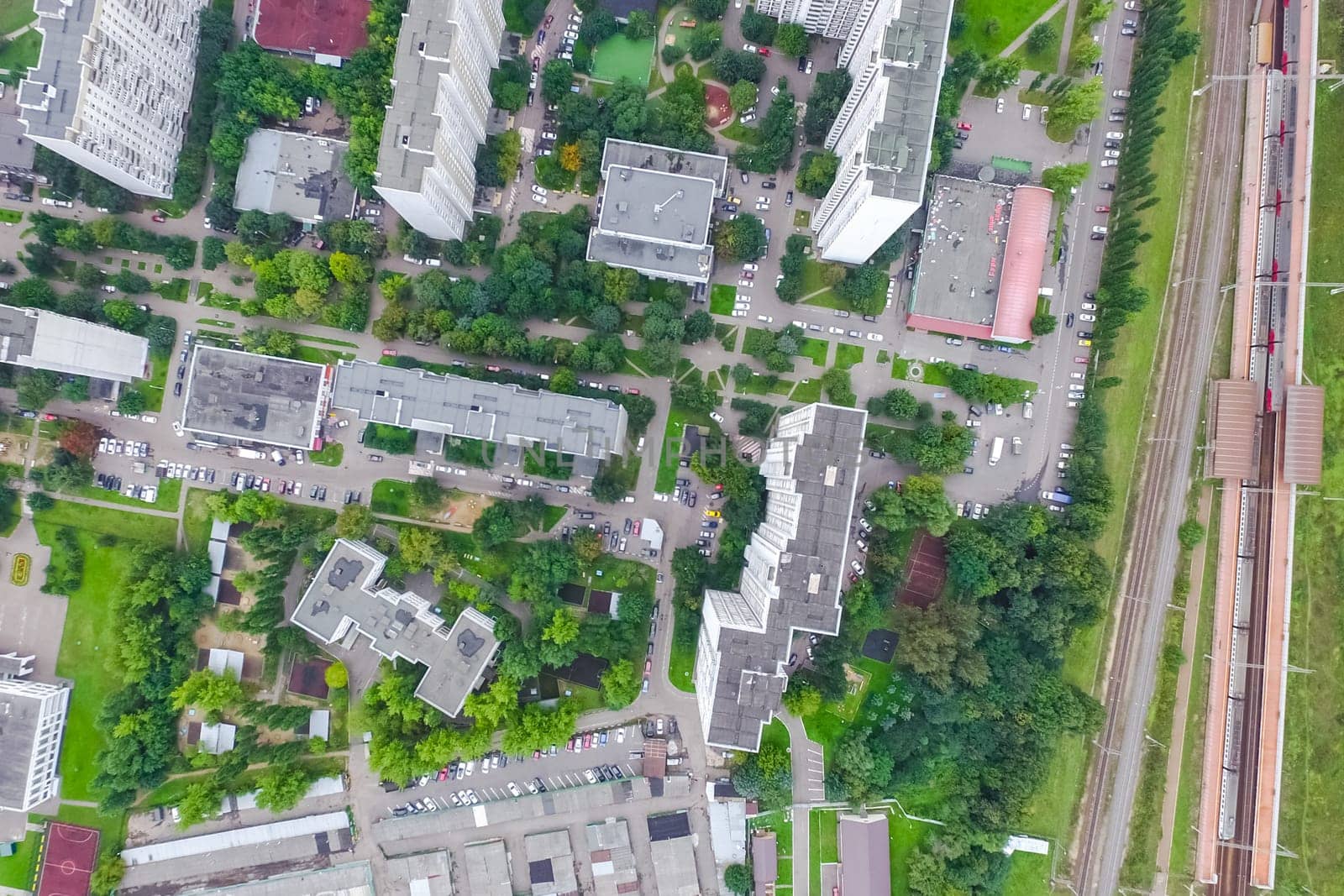 Top view of the city of Moscow, buildings and roads and other infrastructure of the city. Cityscape view from above.