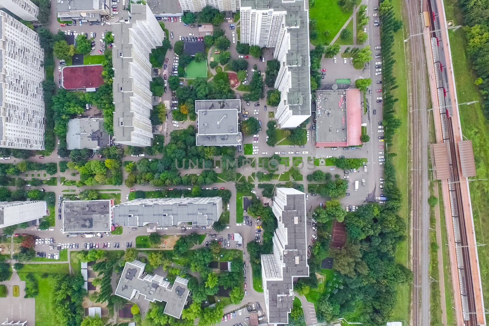 Top view of the city of Moscow, buildings and roads and other infrastructure of the city. Cityscape view from above.