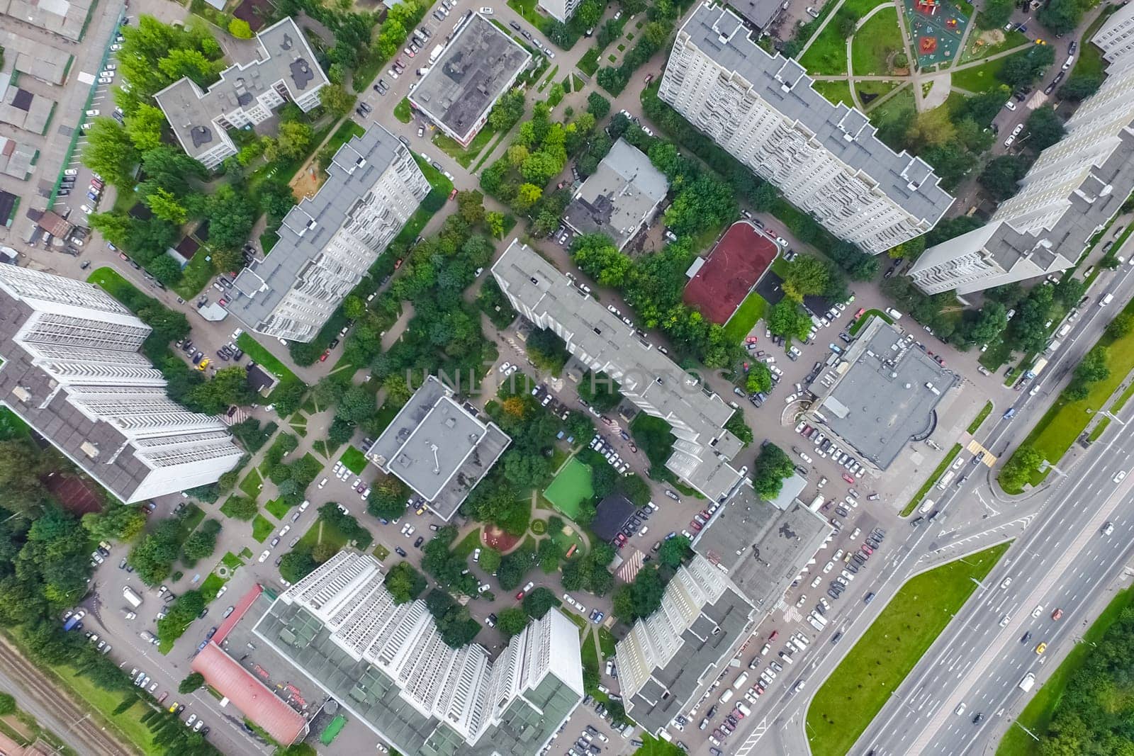 Top view of the city of Moscow, buildings and roads and other infrastructure of the city. Cityscape view from above.