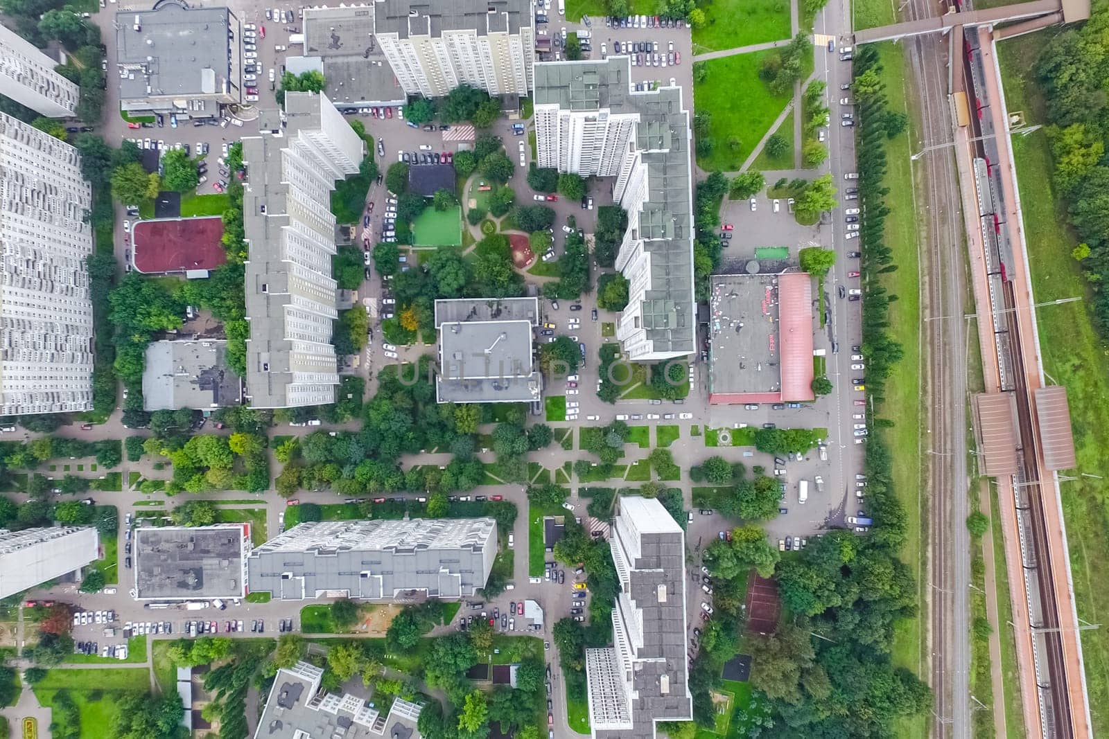 Top view of the city of Moscow, buildings and roads and other infrastructure of the city. Cityscape view from above.
