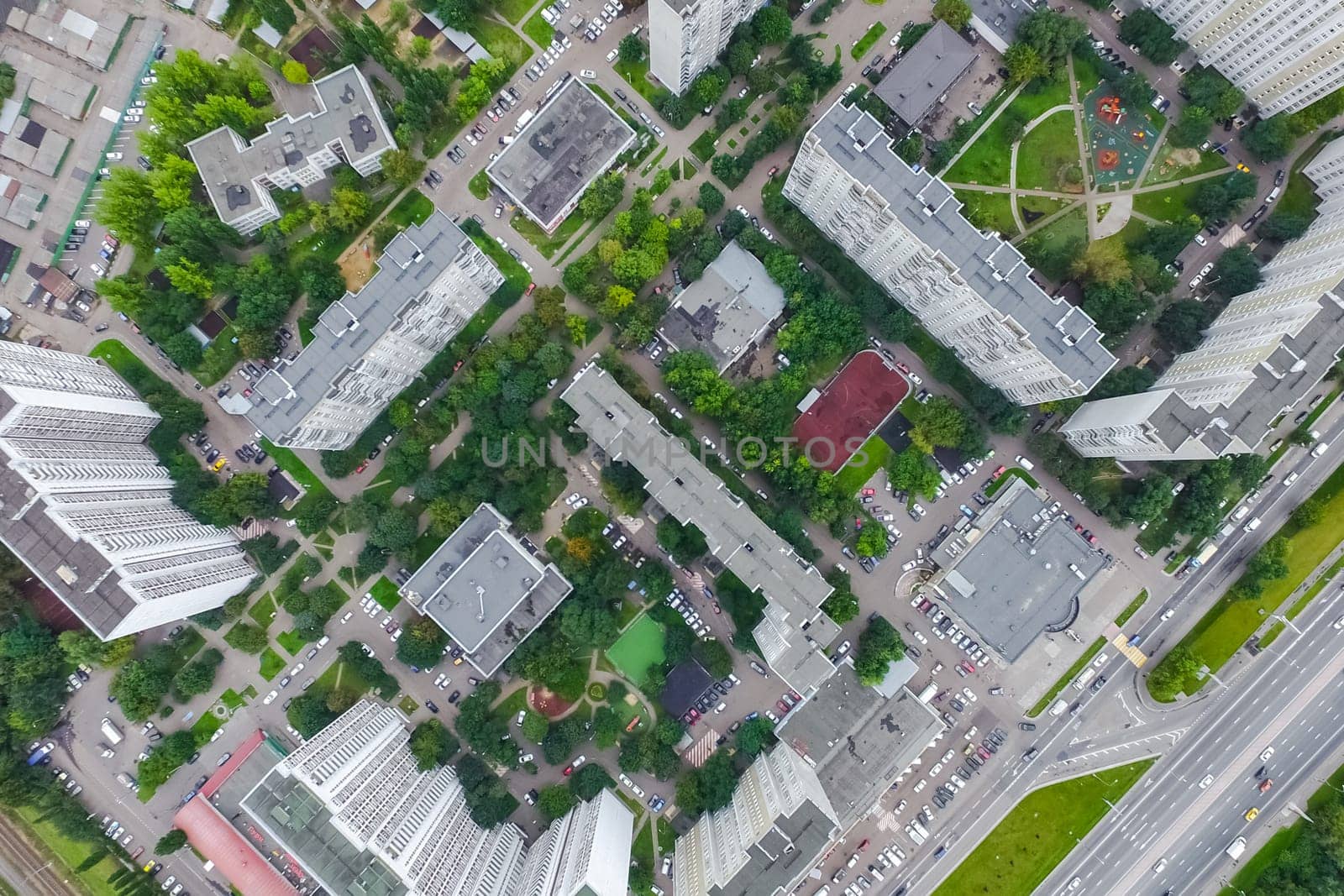 Top view of the city of Moscow, buildings and roads and other infrastructure of the city. Cityscape view from above.