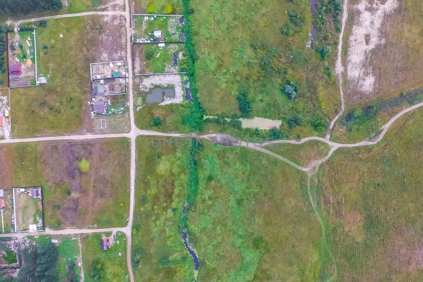 Top view of the village, fields and forests near the village