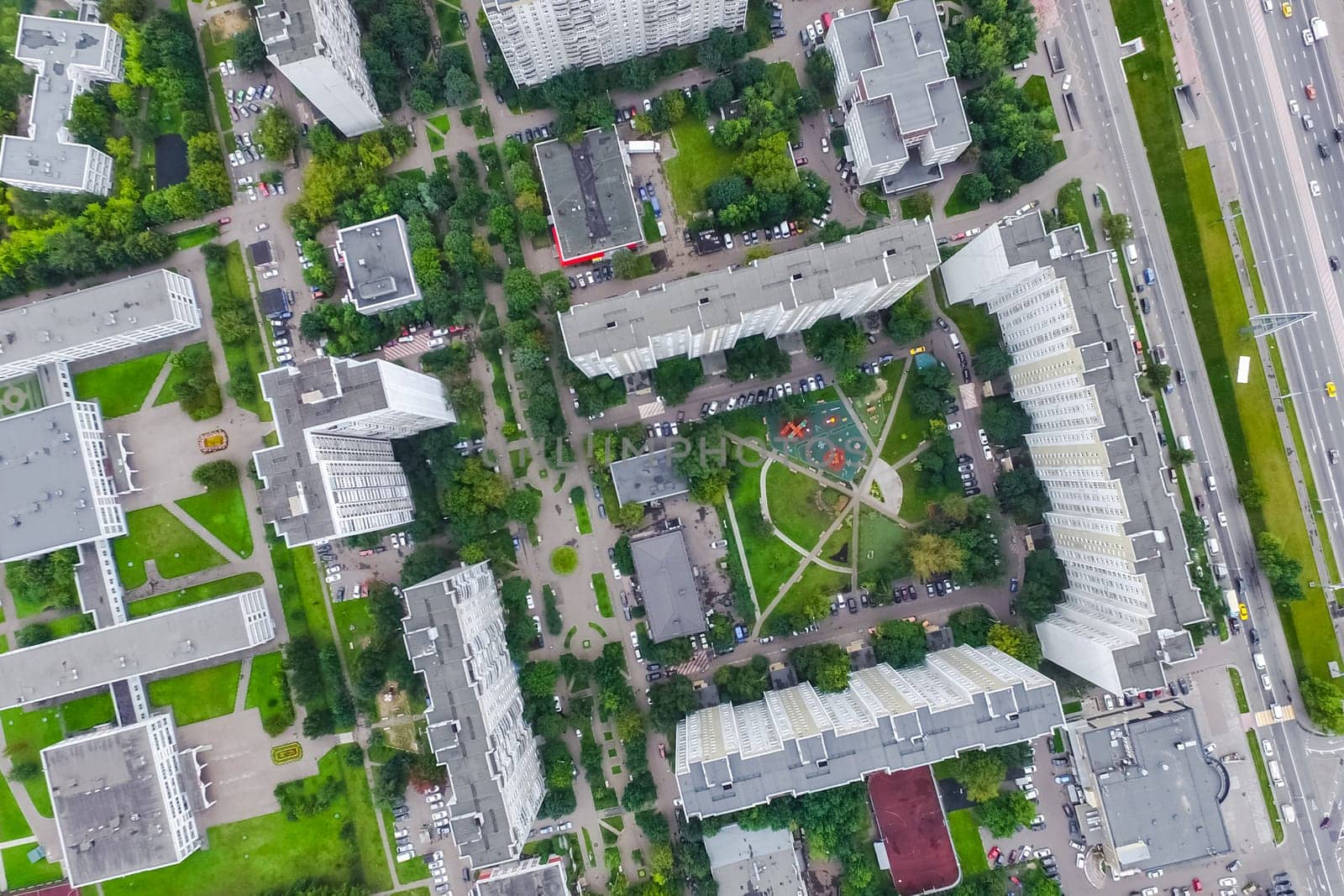 Top view of the city of Moscow, buildings and roads and other infrastructure of the city. Cityscape view from above.