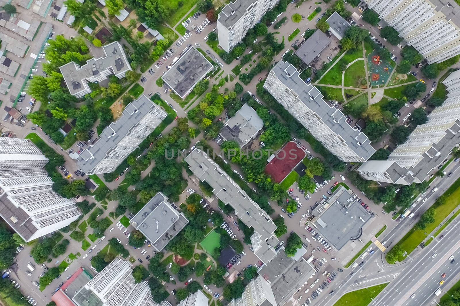 Top view of the city of Moscow, buildings and roads and other infrastructure of the city. Cityscape view from above.