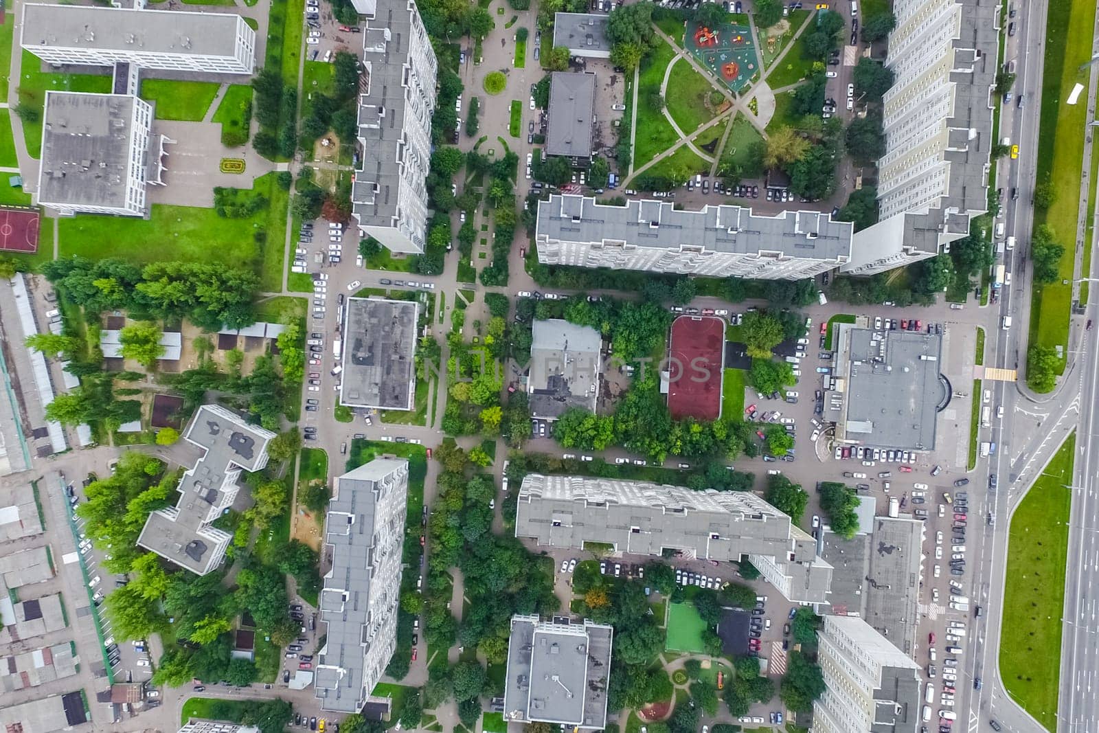 Top view of the city of Moscow, buildings and roads and other infrastructure of the city. Cityscape view from above.