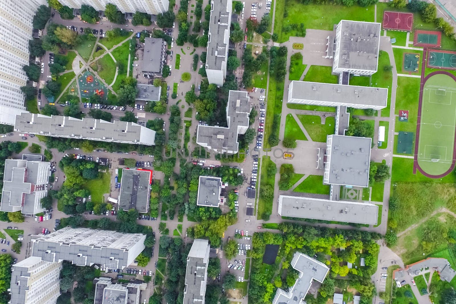 Top view of the city of Moscow, buildings and roads and other infrastructure of the city. Cityscape view from above.