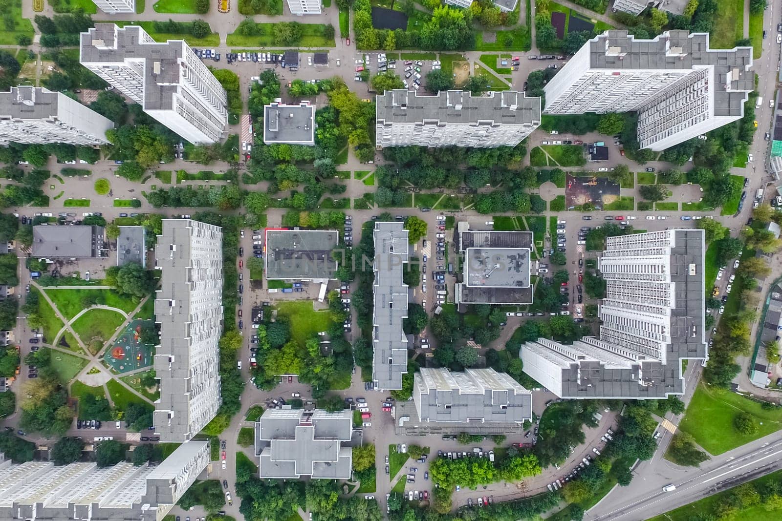 Top view of the city of Moscow, buildings and roads and other infrastructure of the city. Cityscape view from above.