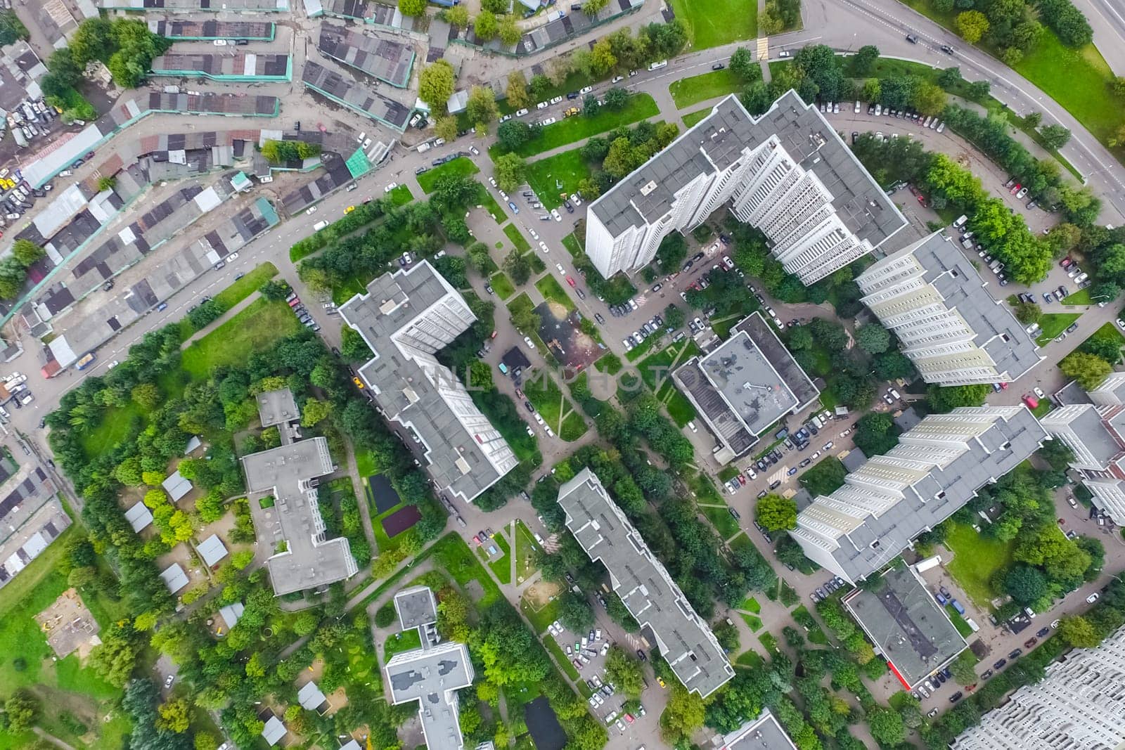 Top view of the city of Moscow, buildings and roads and other infrastructure of the city. Cityscape view from above.