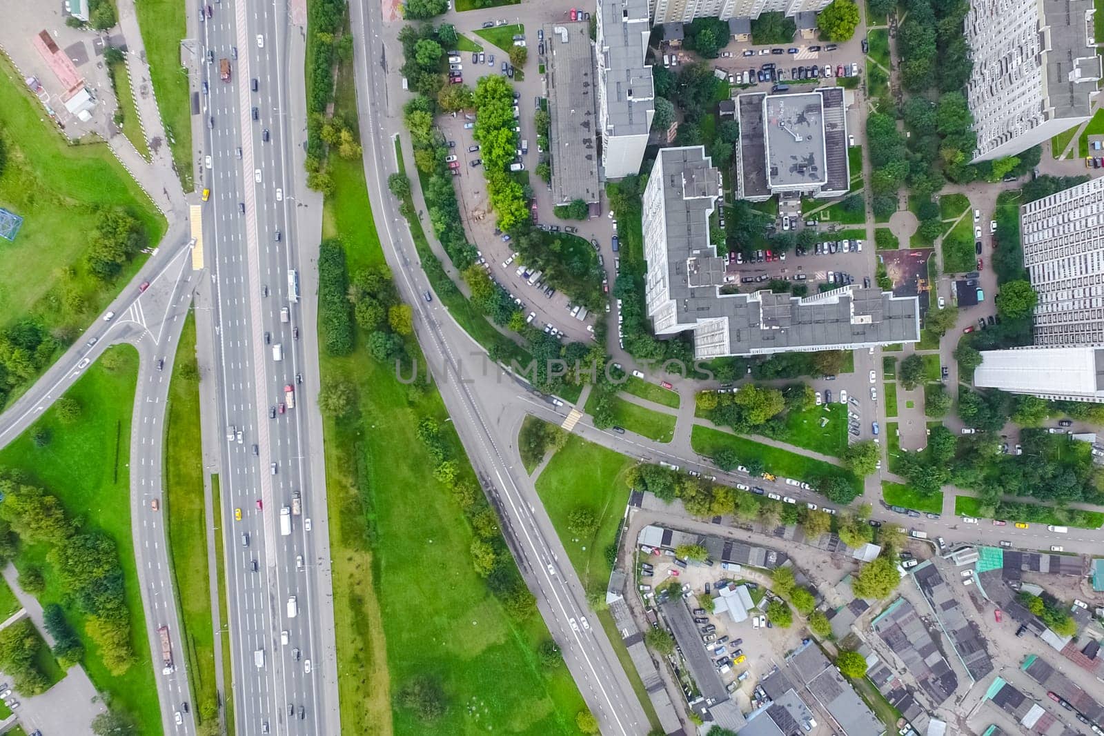 Top view of the city of Moscow, buildings and roads and other infrastructure of the city. Cityscape view from above.