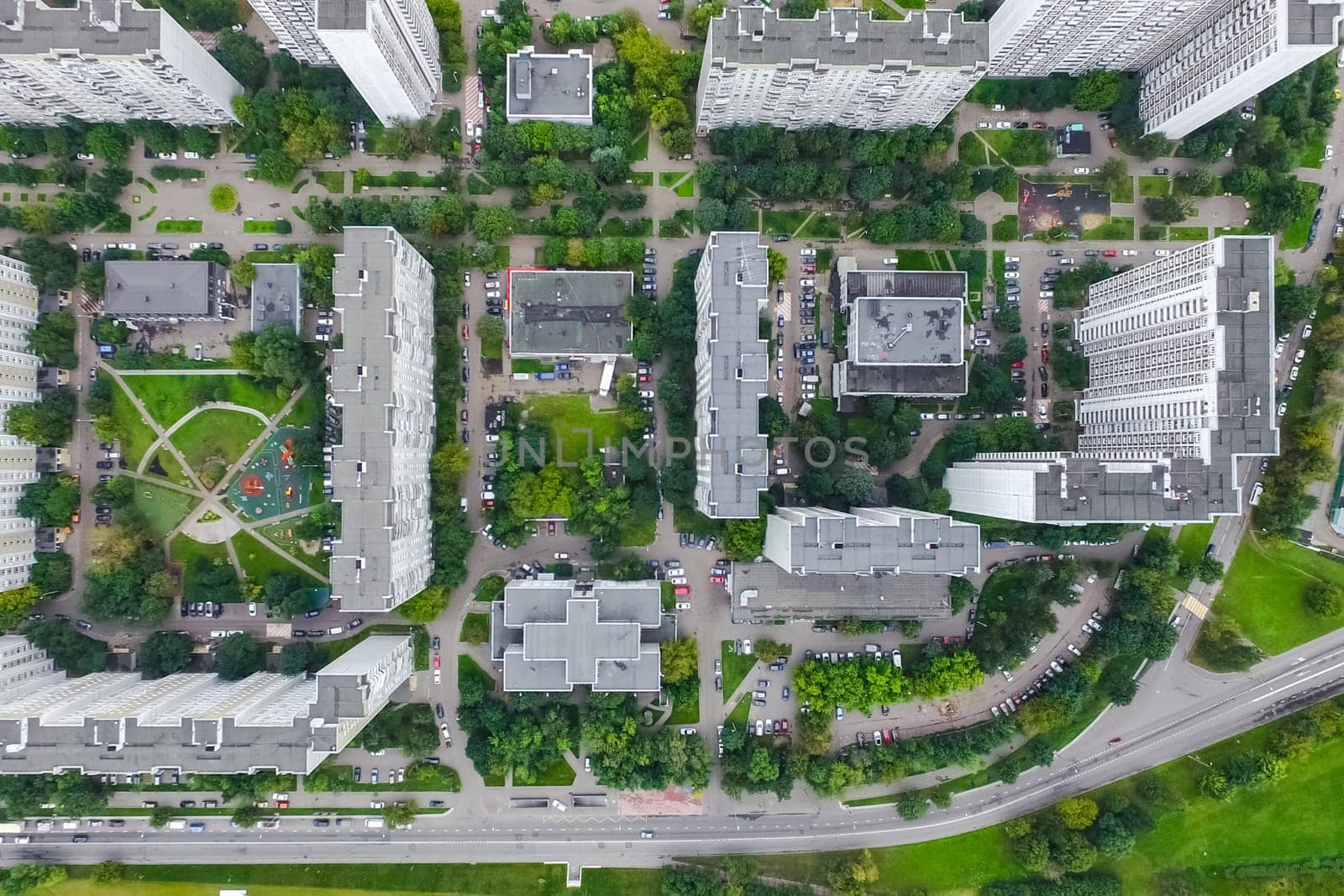 Top view of the city of Moscow, buildings and roads and other infrastructure of the city. Cityscape view from above.