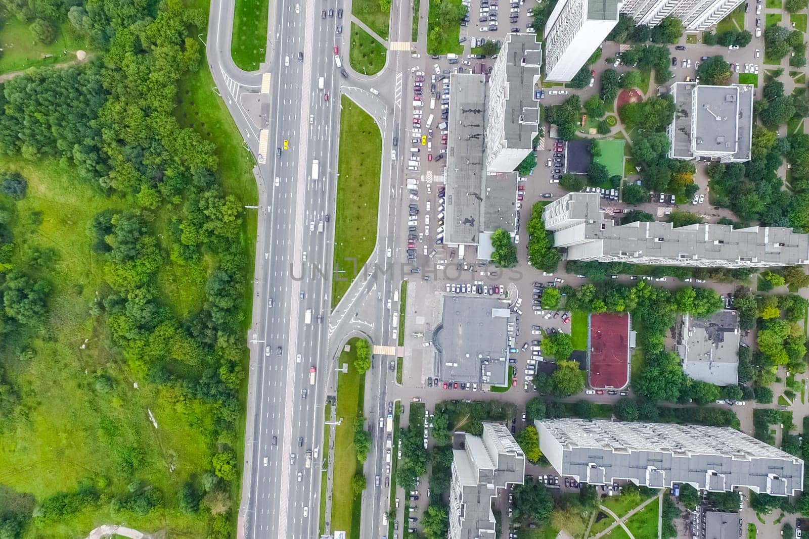 Top view of the city of Moscow, buildings and roads and other infrastructure of the city. Cityscape view from above.