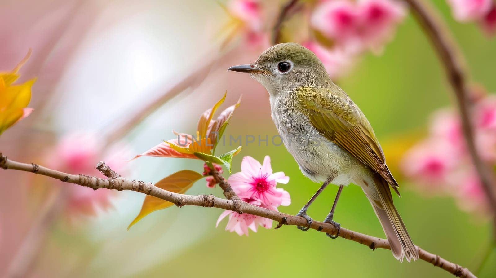 An olive flycatcher bird perched on a spring blossom tree branch. AI generated