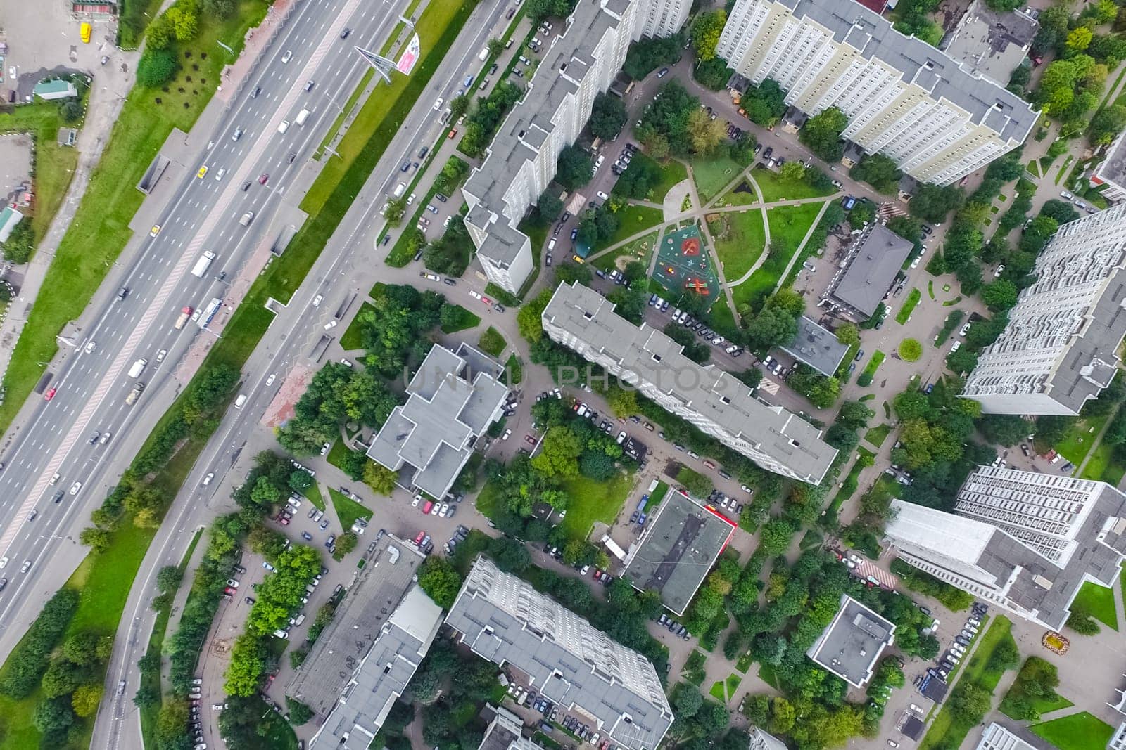 Top view of the city of Moscow, buildings and roads and other infrastructure of the city. Cityscape view from above.