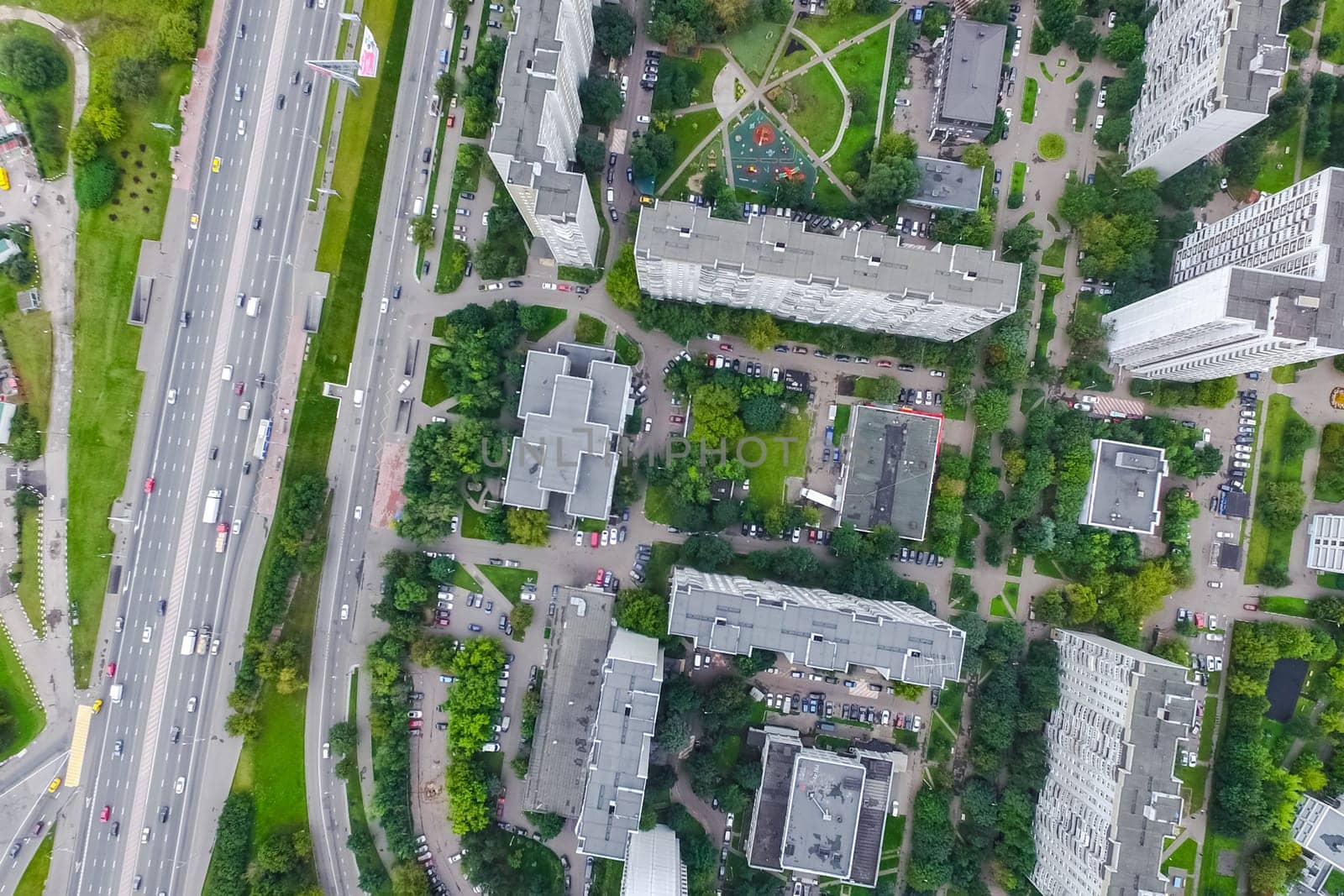 Top view of the city of Moscow, buildings and roads and other infrastructure of the city. Cityscape view from above.
