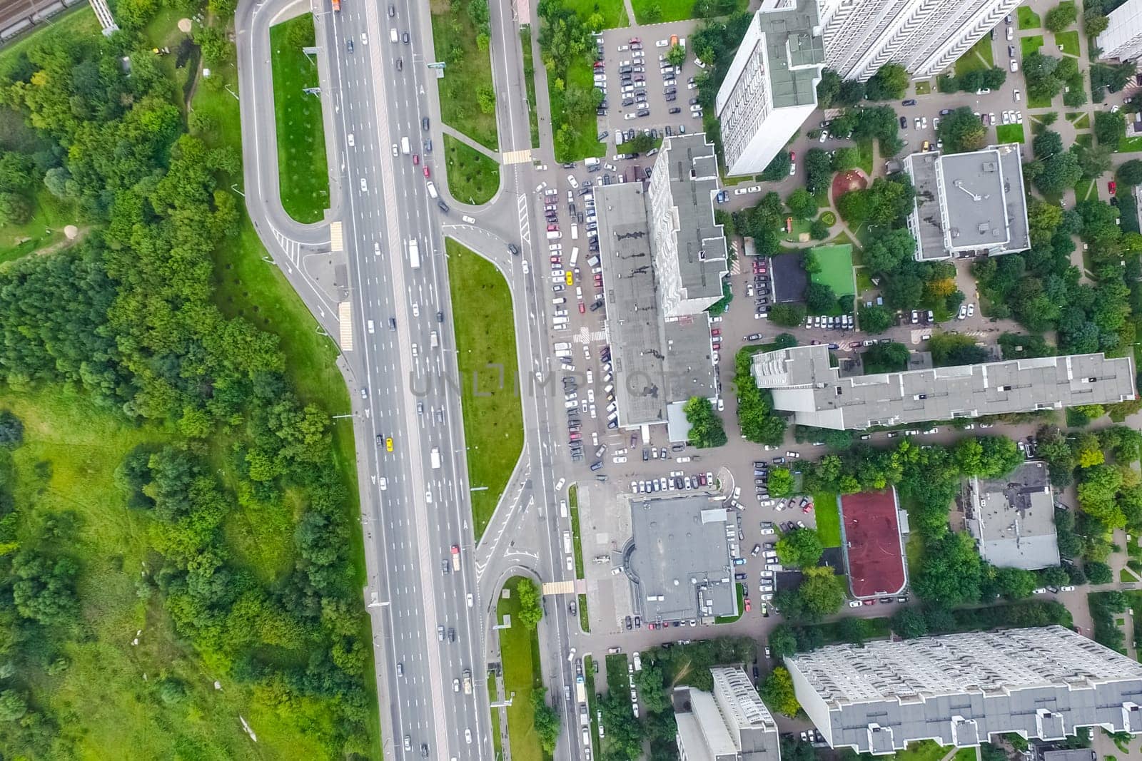 Top view of the city of Moscow, buildings and roads and other infrastructure of the city. Cityscape view from above.