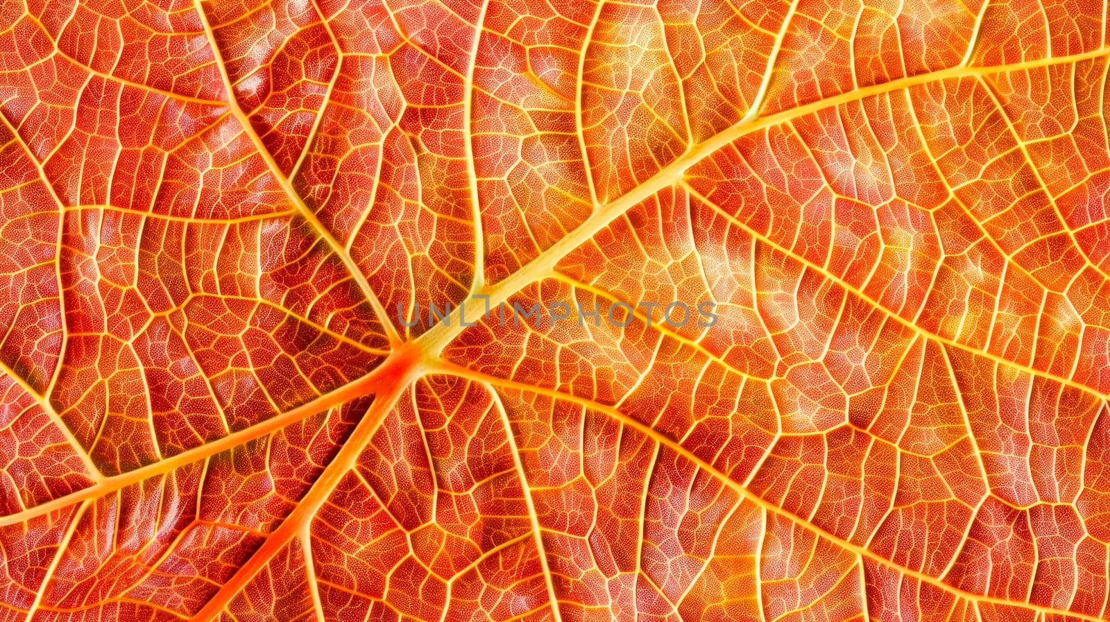 Texture of a beautiful, autumn leaf close-up in a red color. AI generated