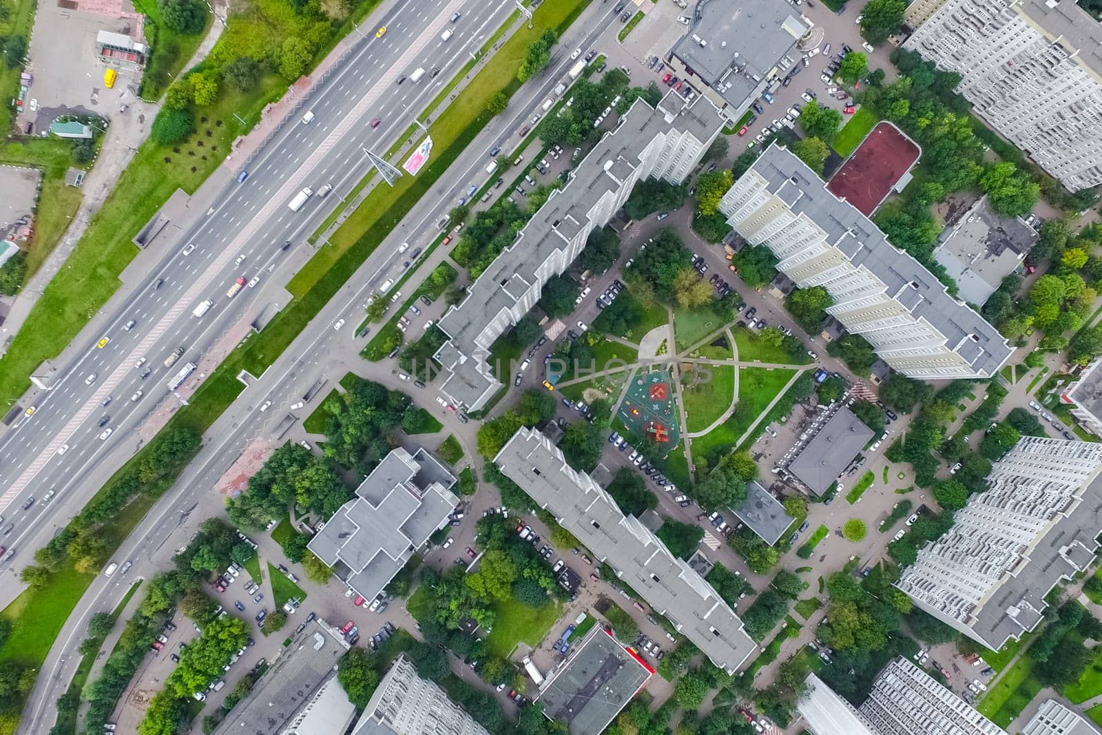 Top view of the city of Moscow, buildings and roads and other infrastructure of the city. Cityscape view from above.
