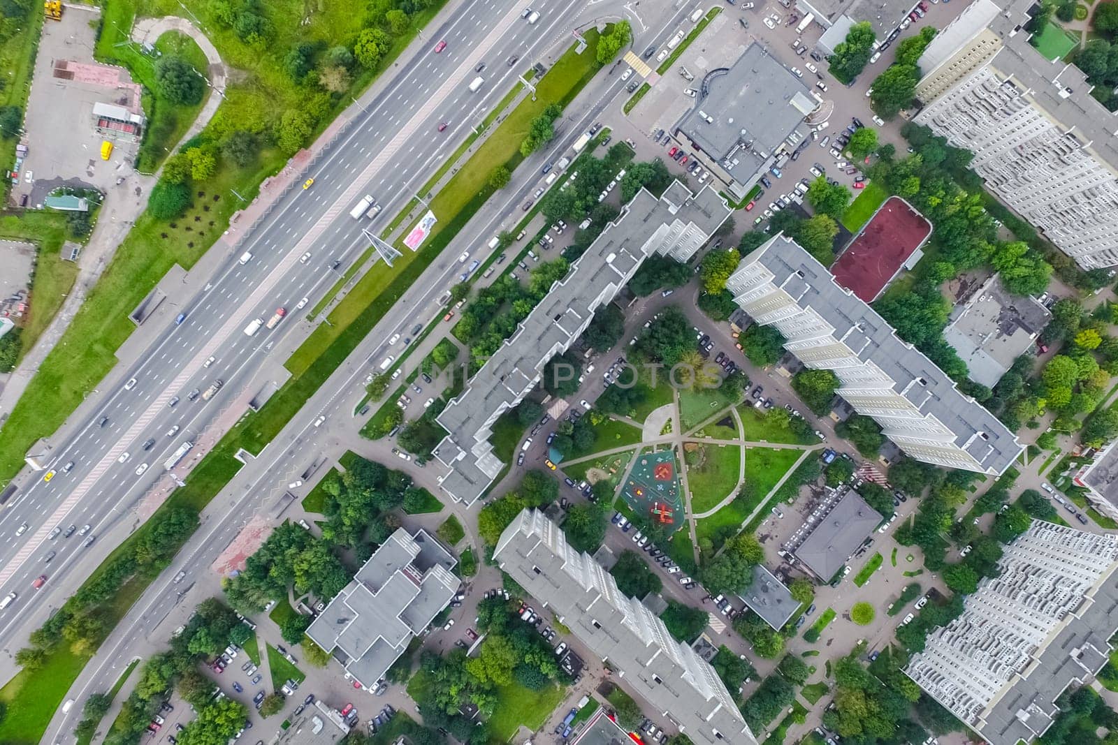 Top view of the city of Moscow, buildings and roads and other infrastructure of the city. Cityscape view from above.