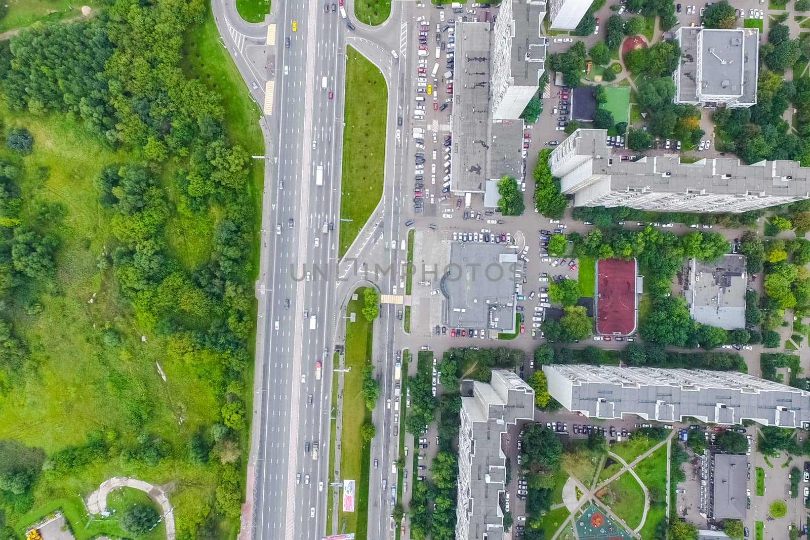 Top view of the city of Moscow, buildings and roads and other infrastructure of the city. Cityscape view from above.