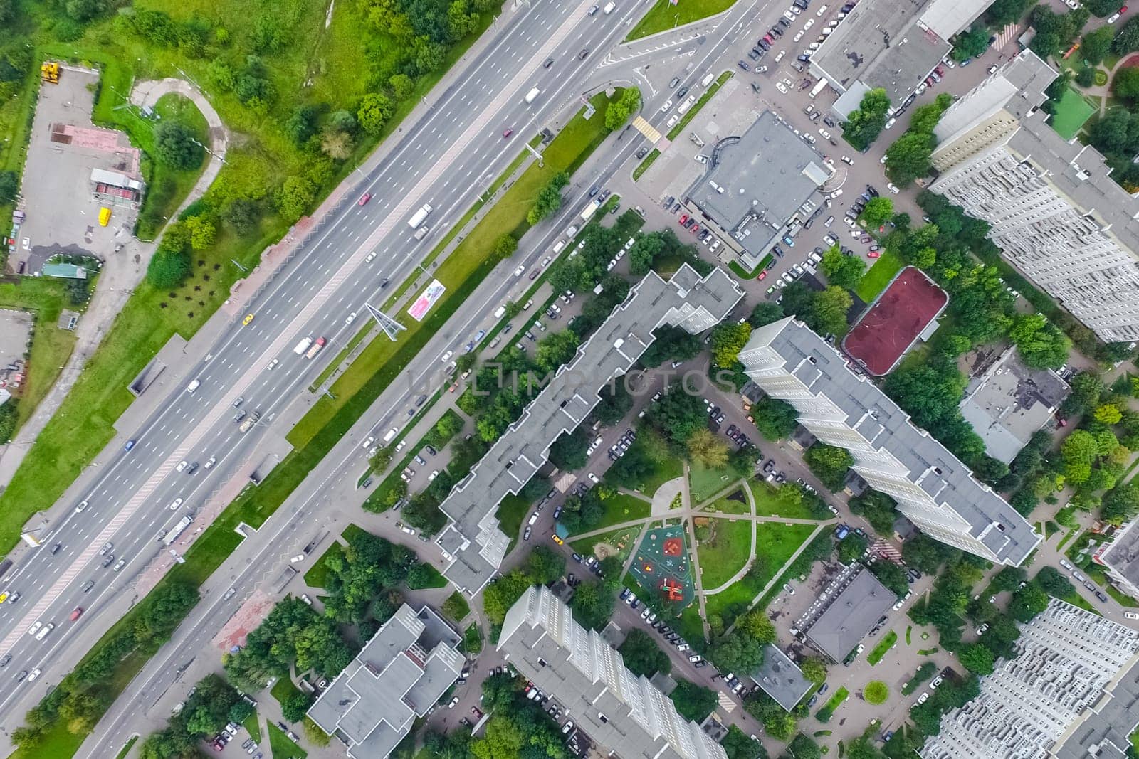 Top view of the city of Moscow, buildings and roads and other infrastructure of the city. Cityscape view from above.