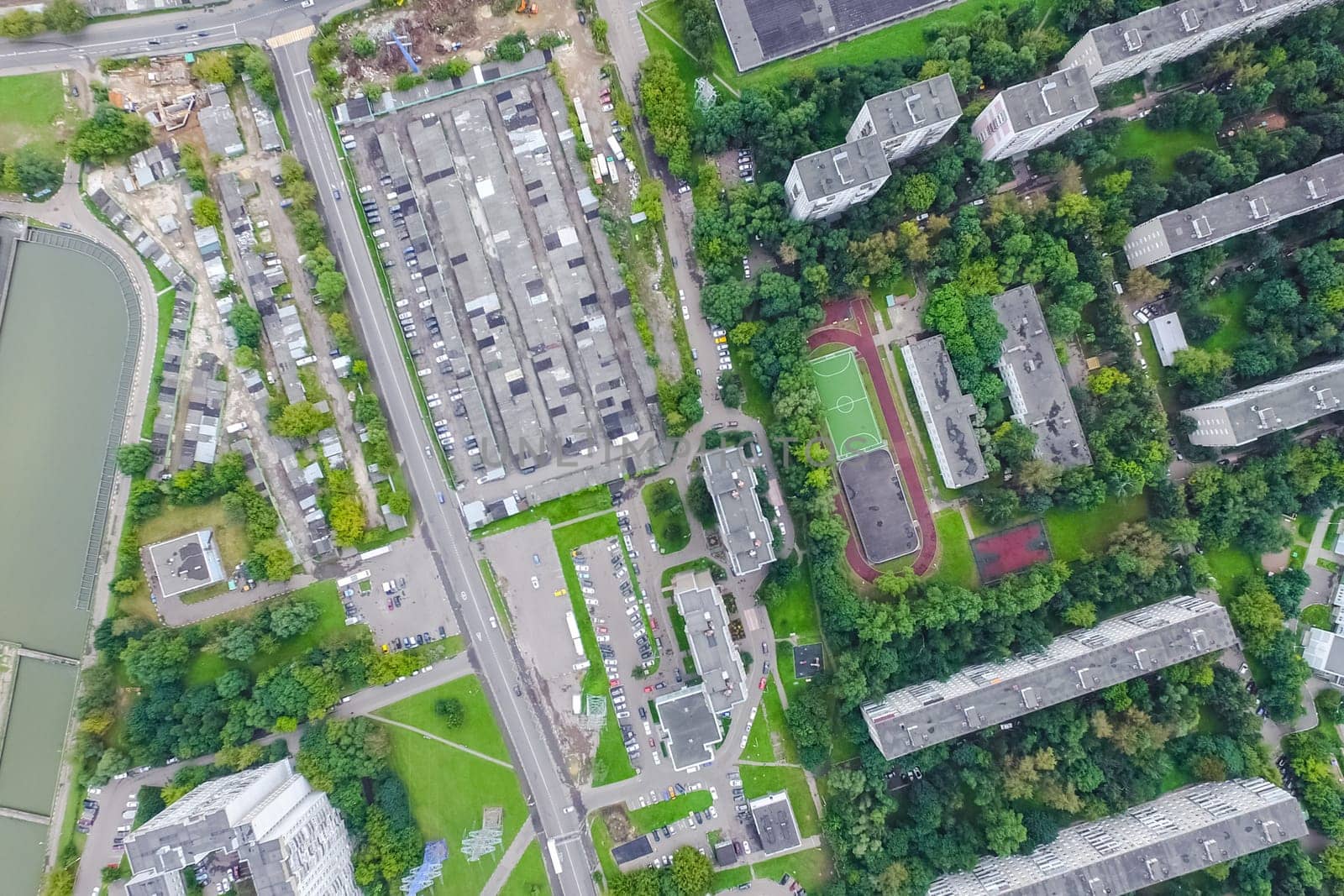 Top view of the city of Moscow, buildings and roads and other infrastructure of the city. Cityscape view from above.