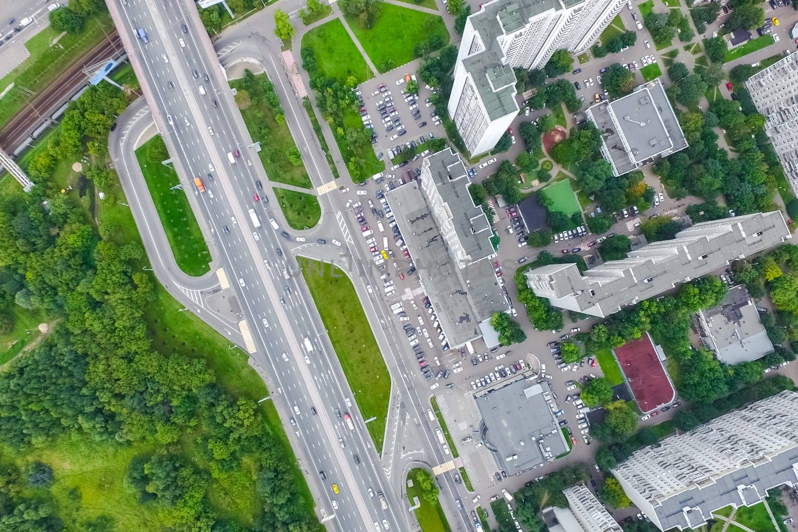 Top view of the city of Moscow, buildings and roads and other infrastructure of the city. Cityscape view from above.