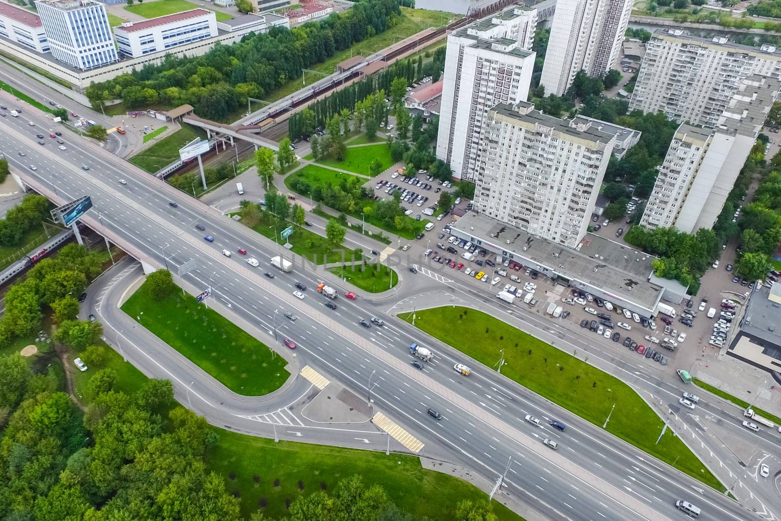Top view of the city of Moscow, buildings and roads and other infrastructure of the city. Cityscape view from above.